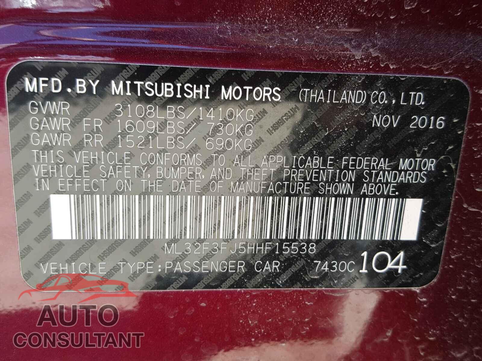 MITSUBISHI MIRAGE 2017 - ML32F3FJ5HHF15538
