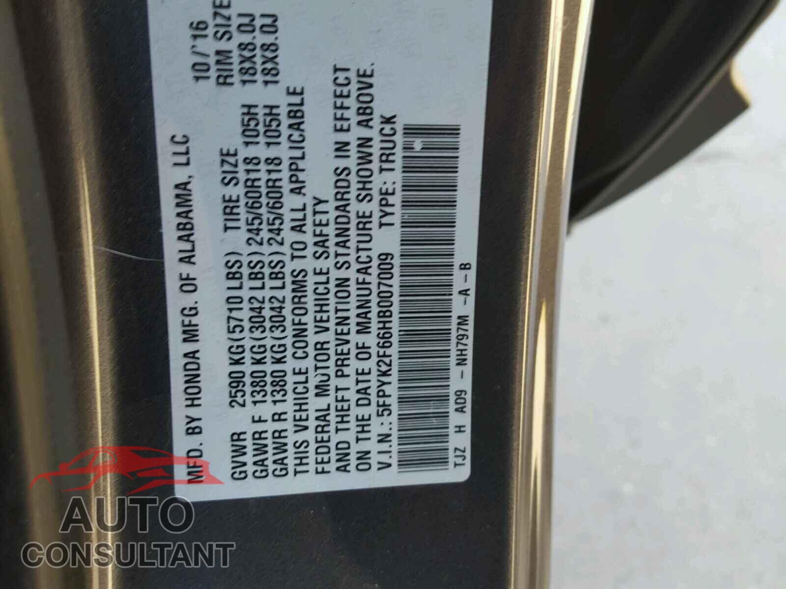 HONDA RIDGELINE 2017 - 5FPYK2F66HB007009