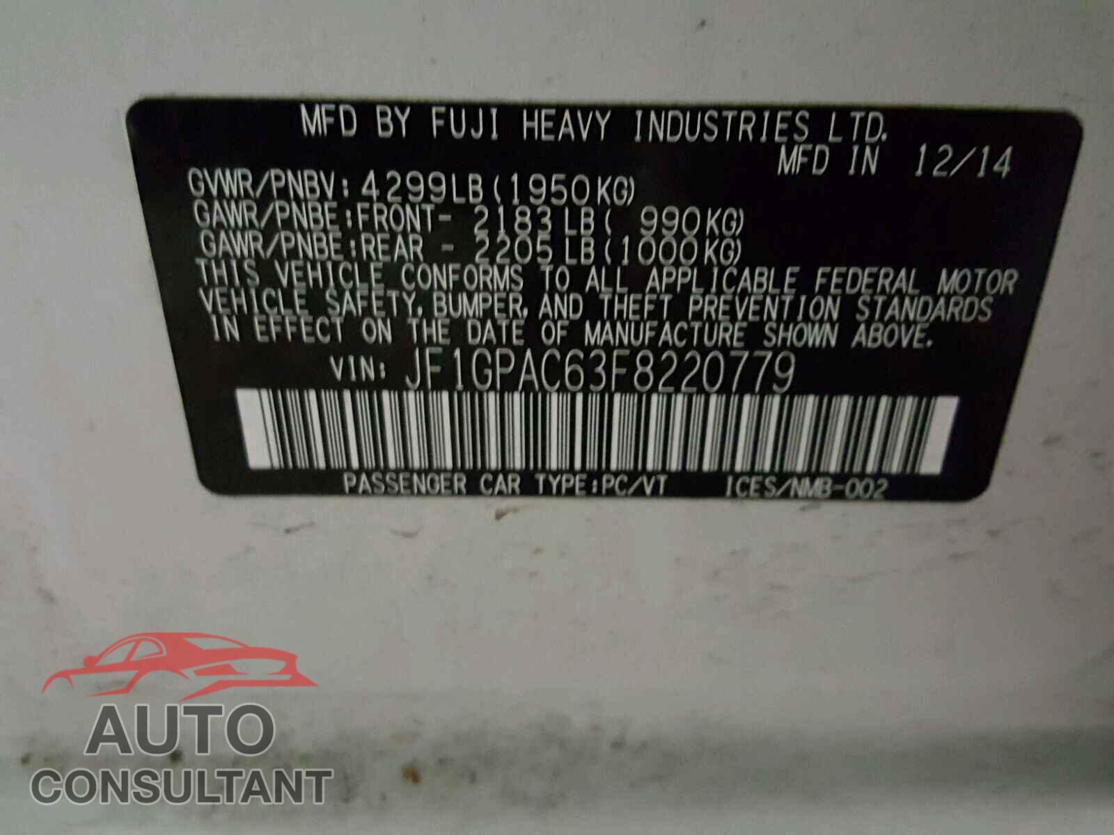 SUBARU IMPREZA 2015 - JF1GPAC63F8220779