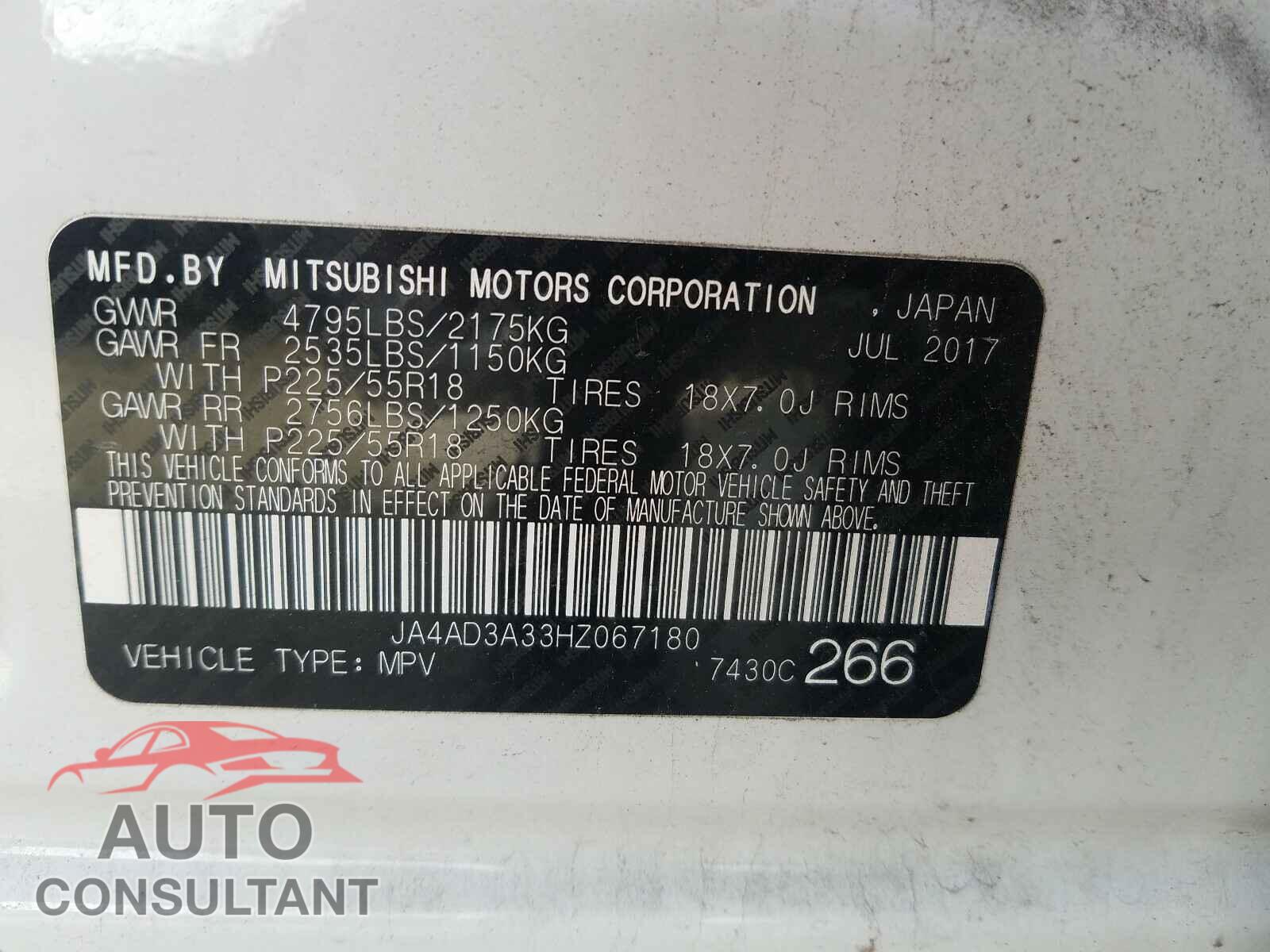 MITSUBISHI OUTLANDER 2017 - JA4AD3A33HZ067180