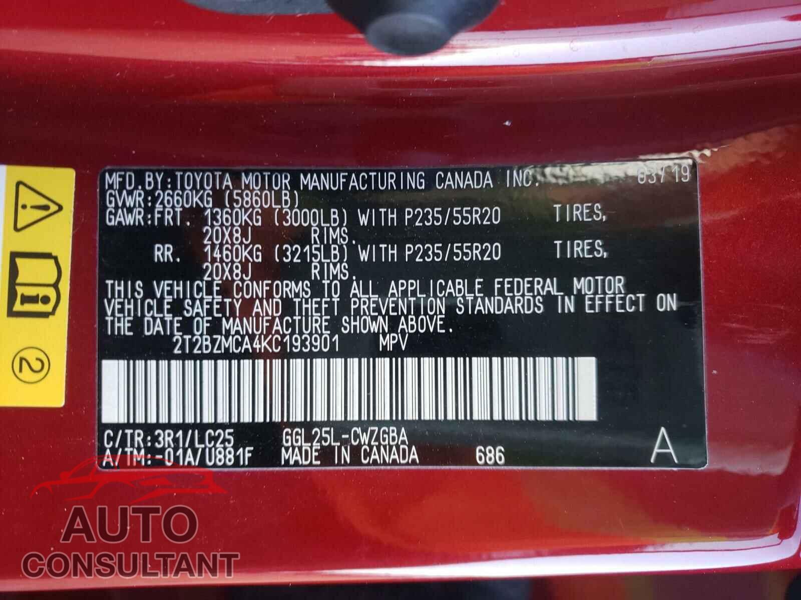 LEXUS RX350 2019 - 2T2BZMCA4KC193901