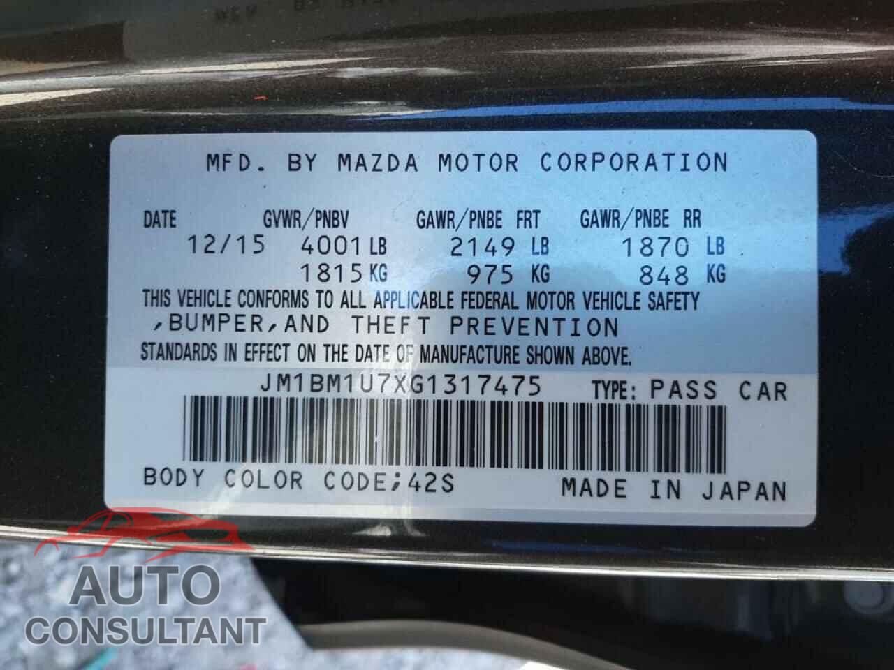 MAZDA 3 2016 - JM1BM1U7XG1317475
