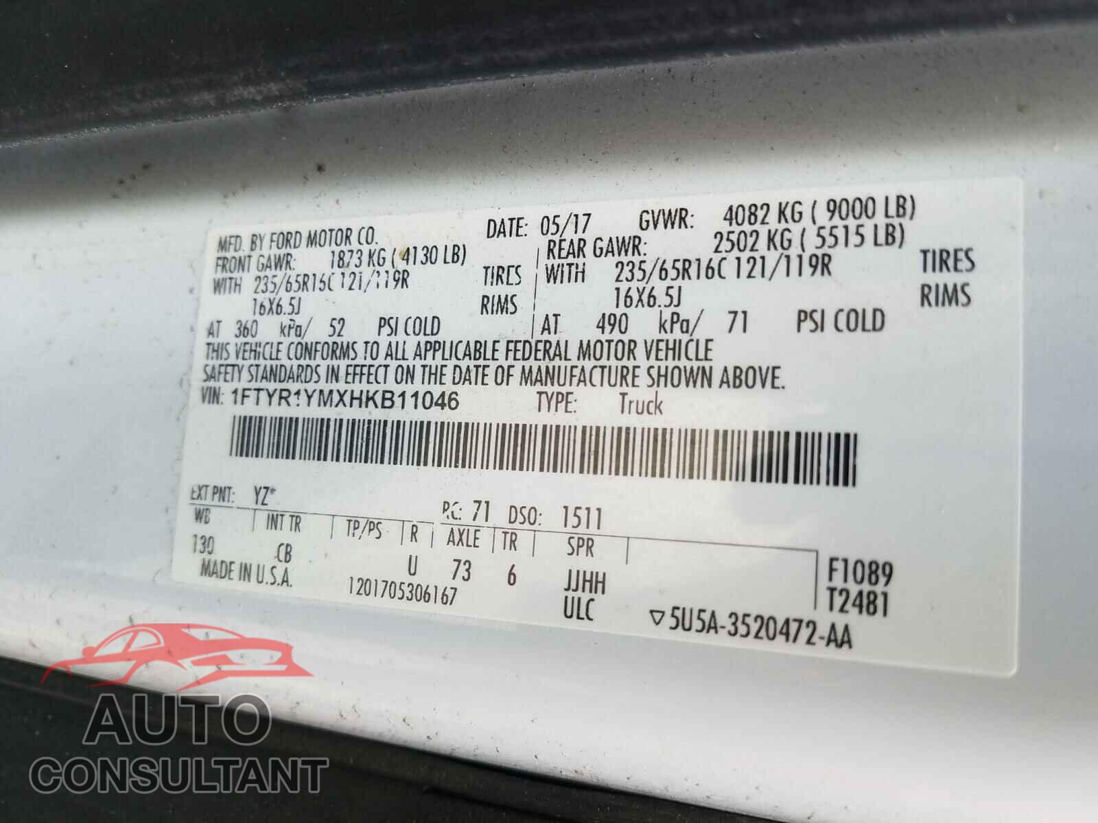 FORD TRANSIT CO 2017 - 1FTYR1YMXHKB11046