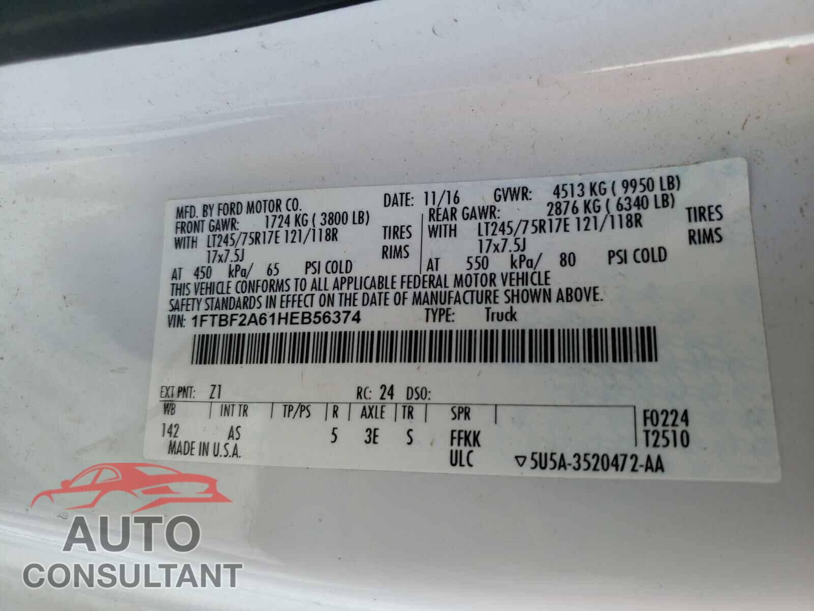 FORD F250 2017 - 1FTBF2A61HEB56374