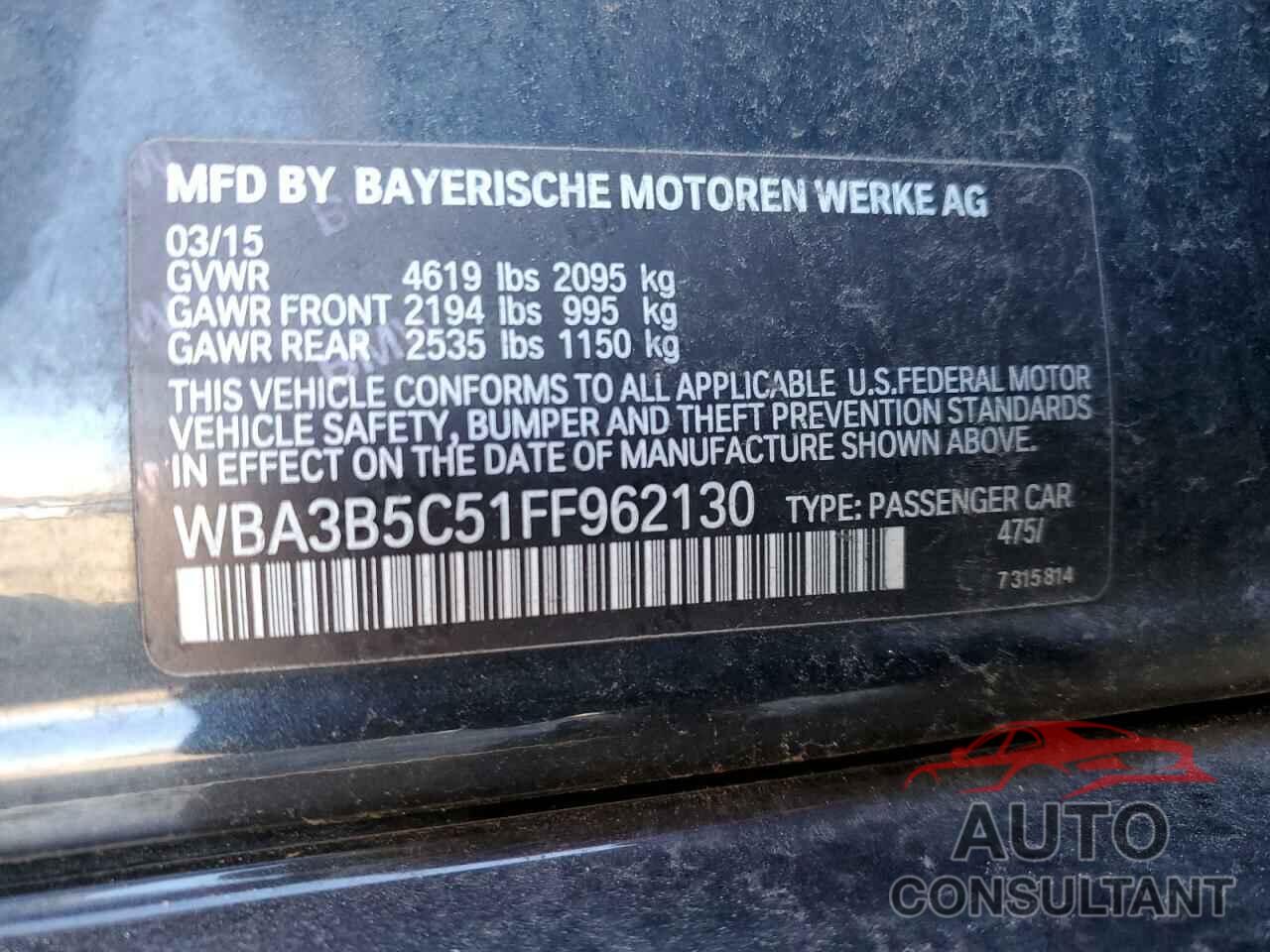 BMW 3 SERIES 2015 - WBA3B5C51FF962130