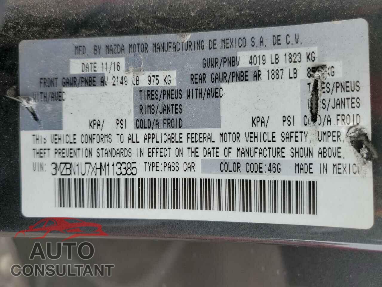 MAZDA 3 2017 - 3MZBN1U7XHM113385