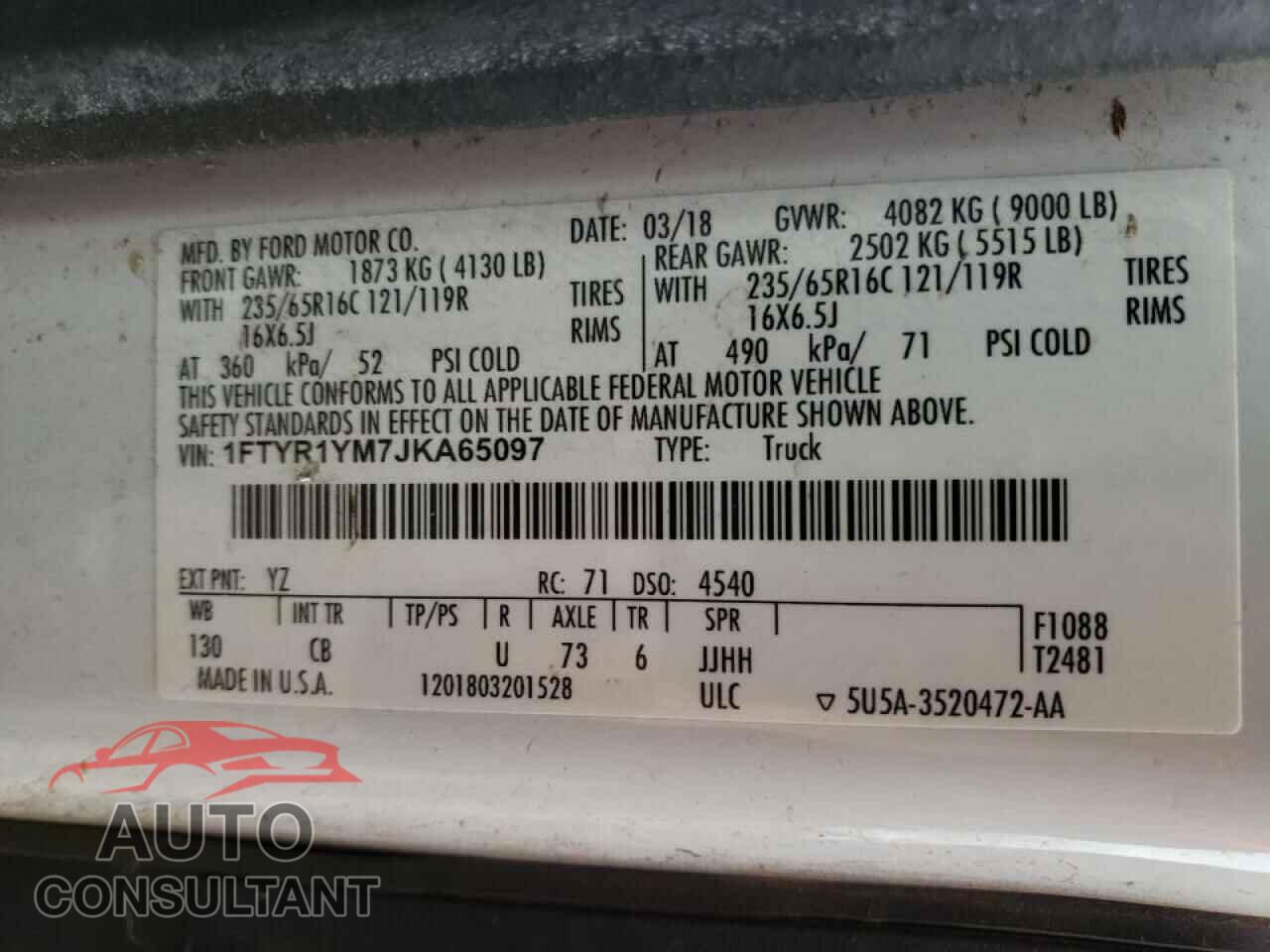 FORD TRANSIT CO 2018 - 1FTYR1YM7JKA65097