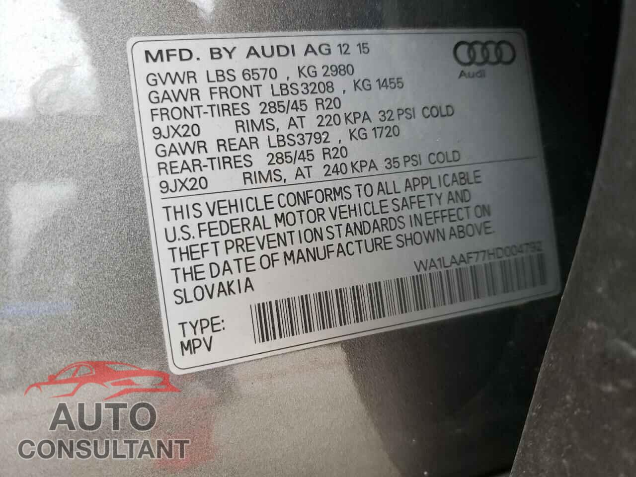AUDI Q7 2017 - WA1LAAF77HD004792