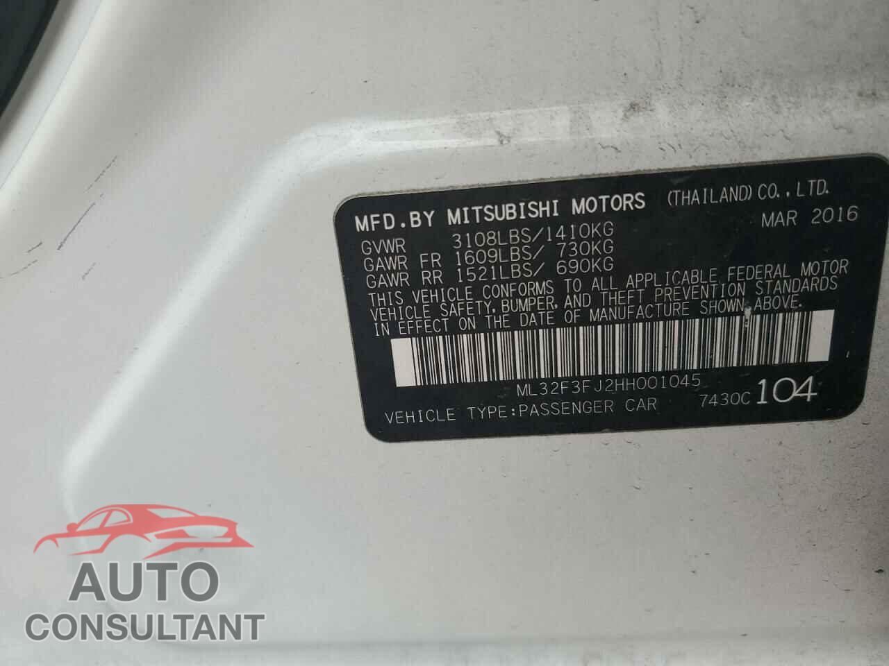 MITSUBISHI MIRAGE 2017 - ML32F3FJ2HH001045