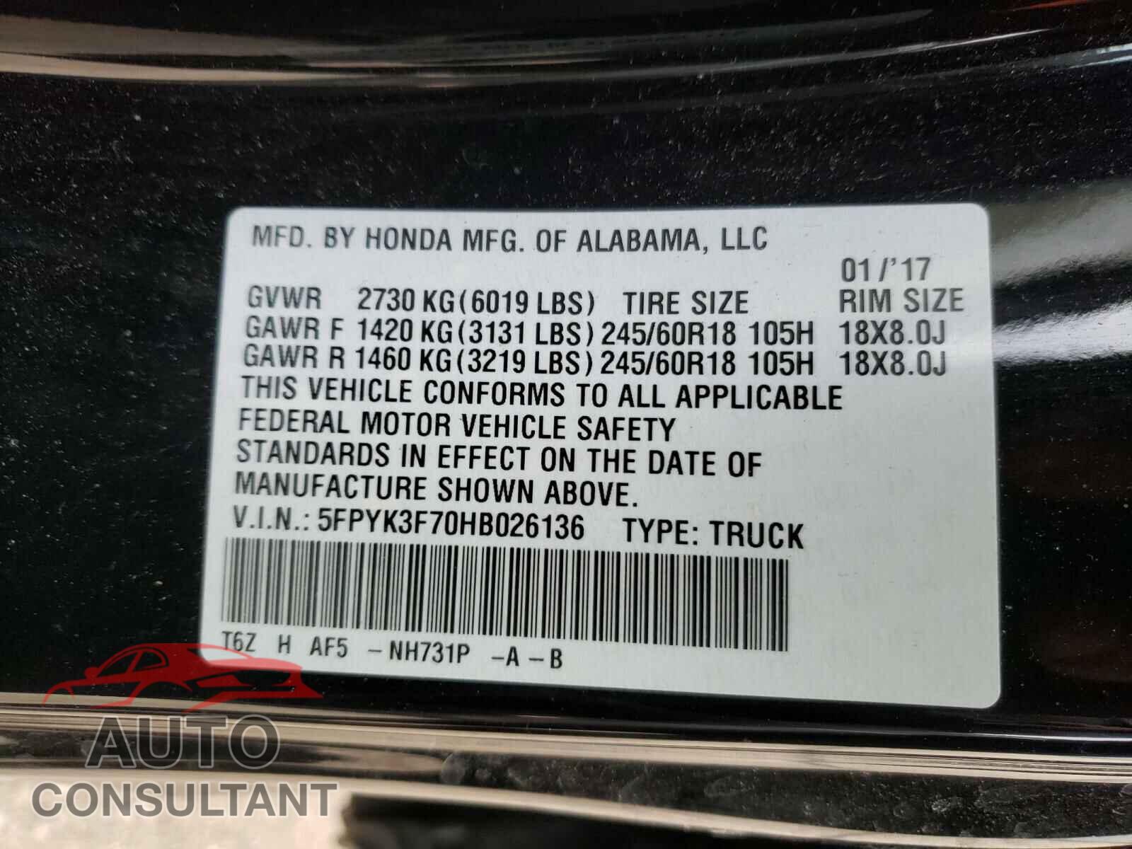 HONDA RIDGELINE 2017 - 5FPYK3F70HB026136
