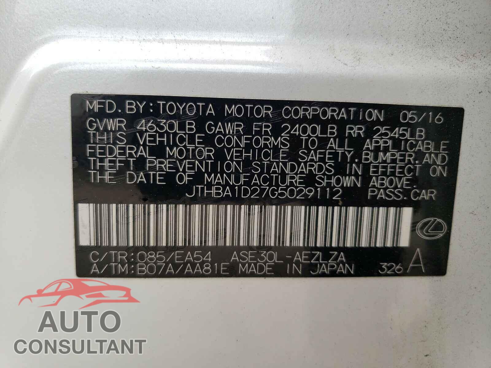 LEXUS IS 2016 - JTHBA1D27G5029112