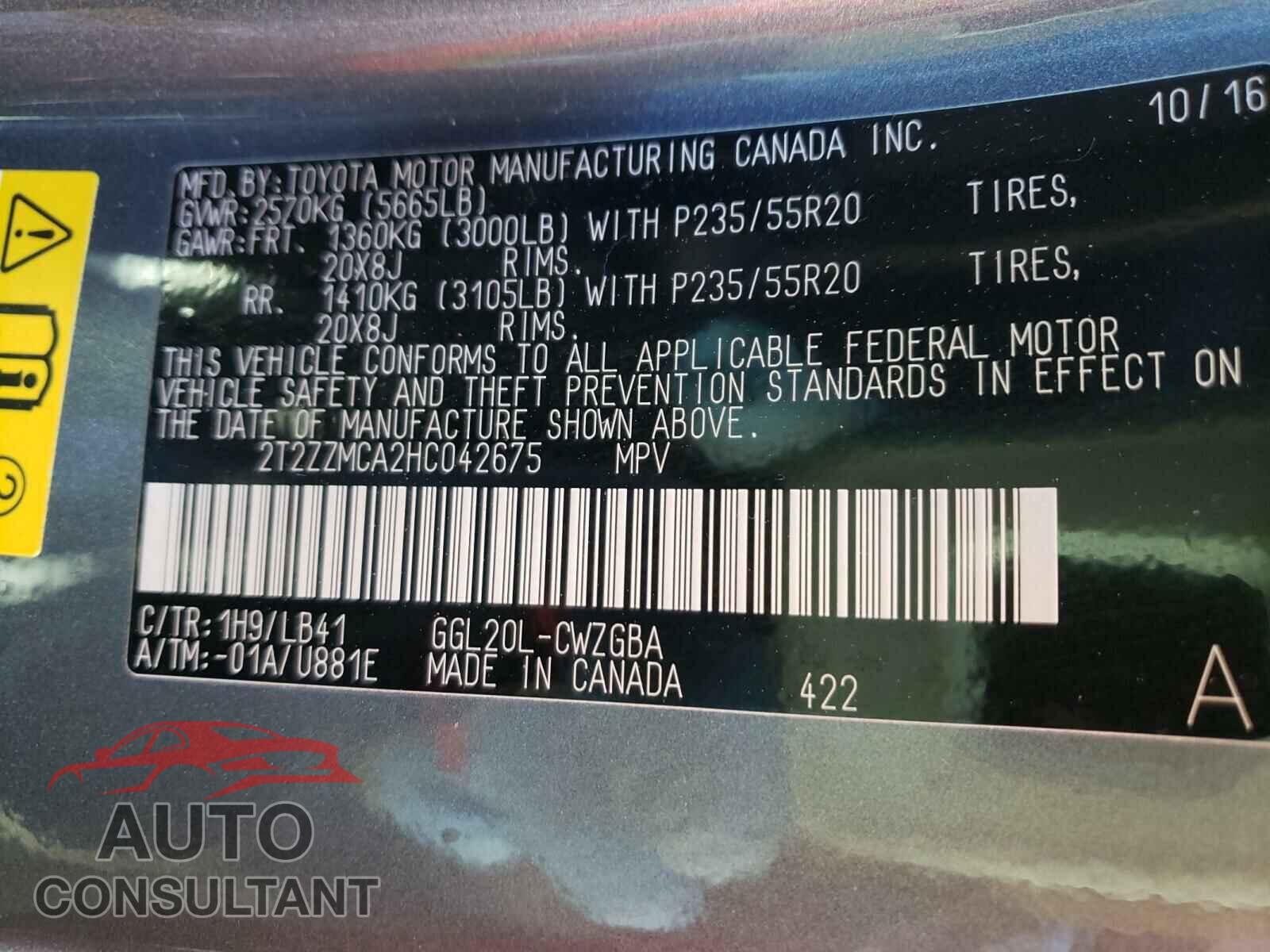 LEXUS RX350 2017 - 2T2ZZMCA2HC042675