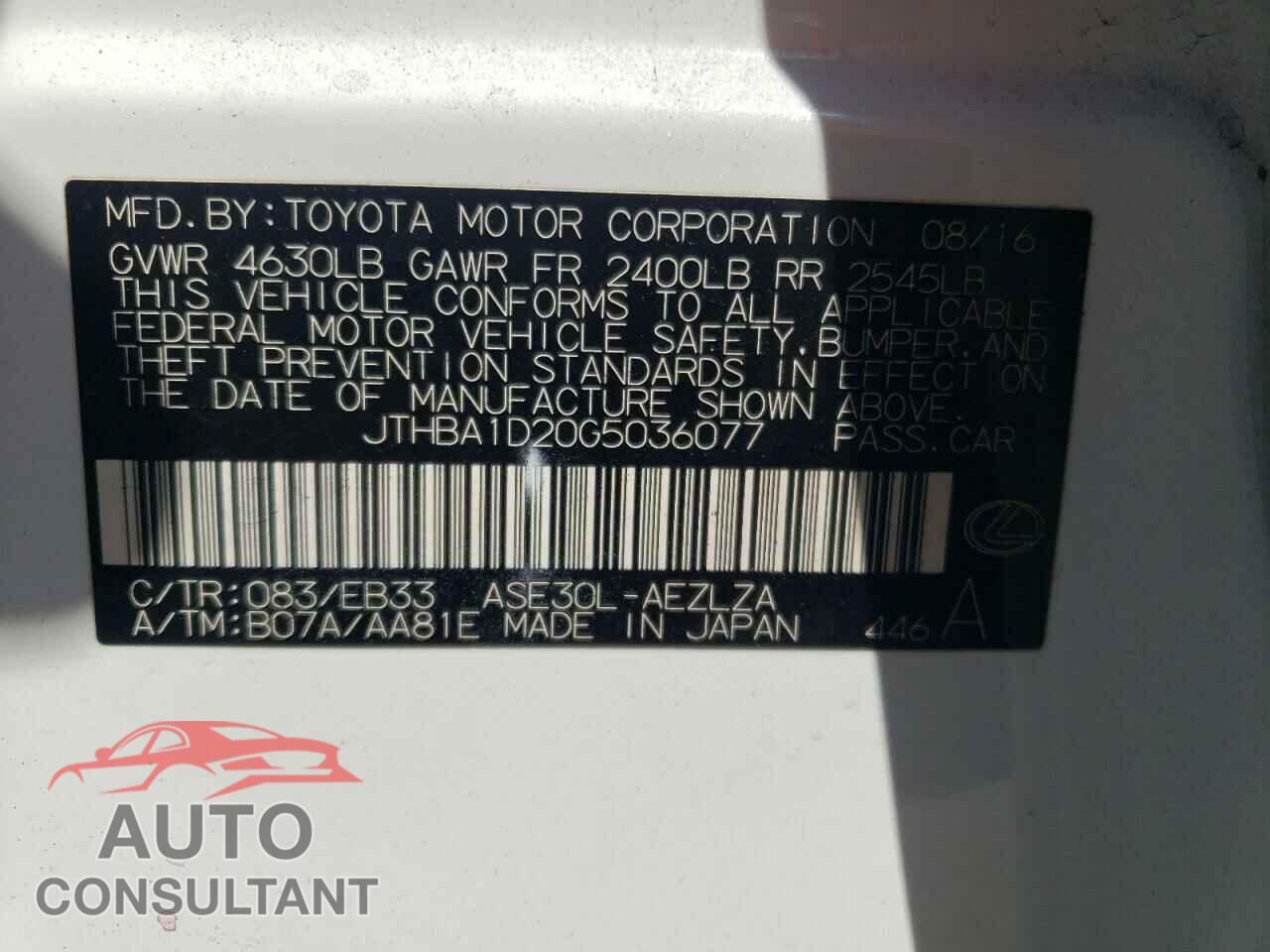 LEXUS IS 2016 - JTHBA1D20G5036077