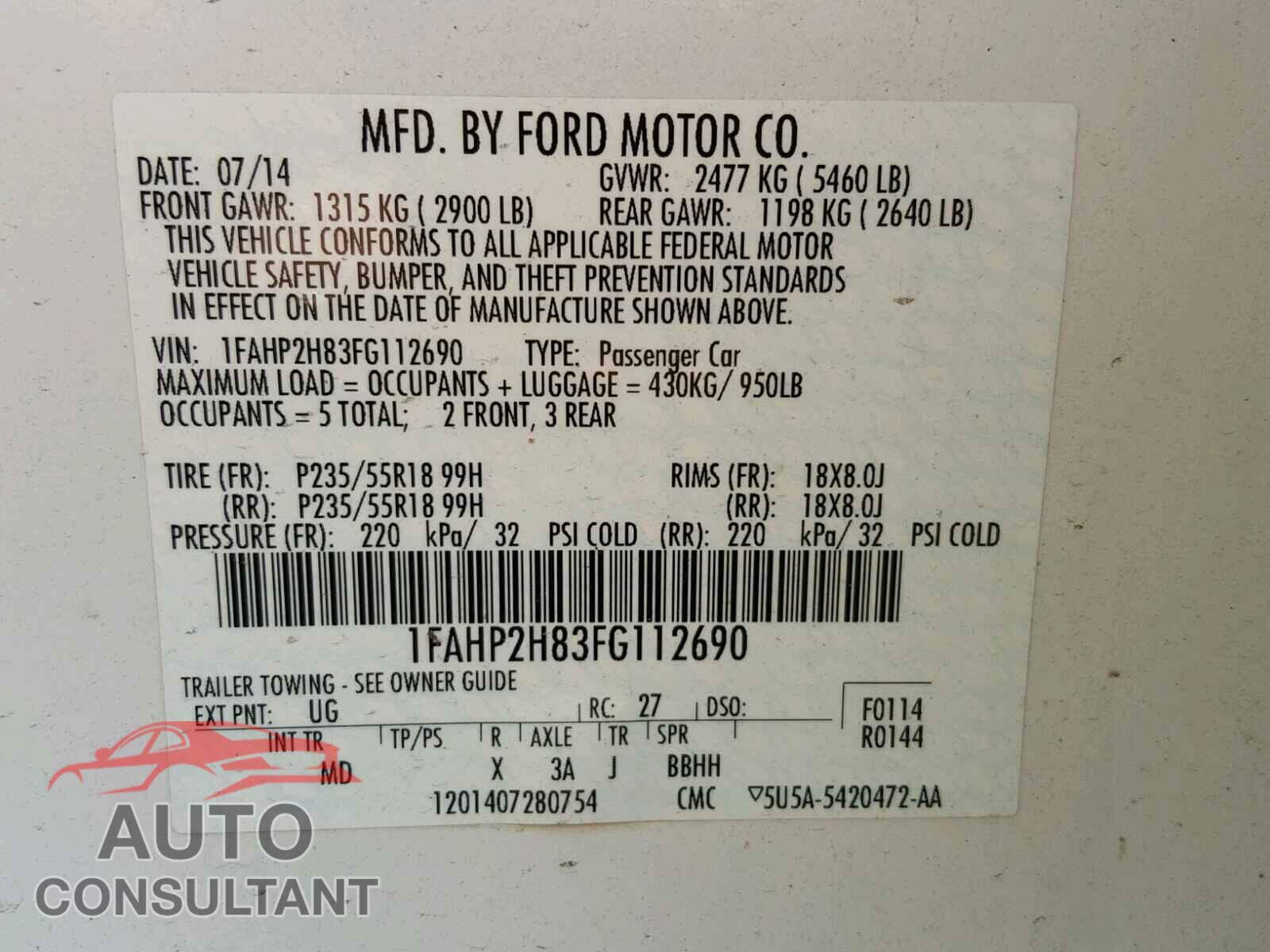 FORD TAURUS 2015 - 1FAHP2H83FG112690