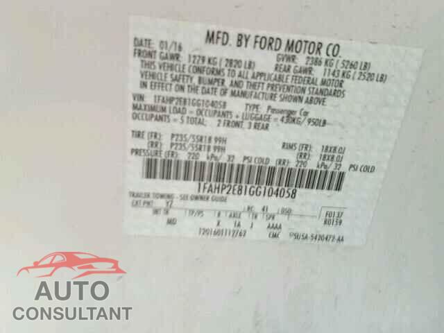 FORD TAURUS 2016 - 1FAHP2E81GG104058