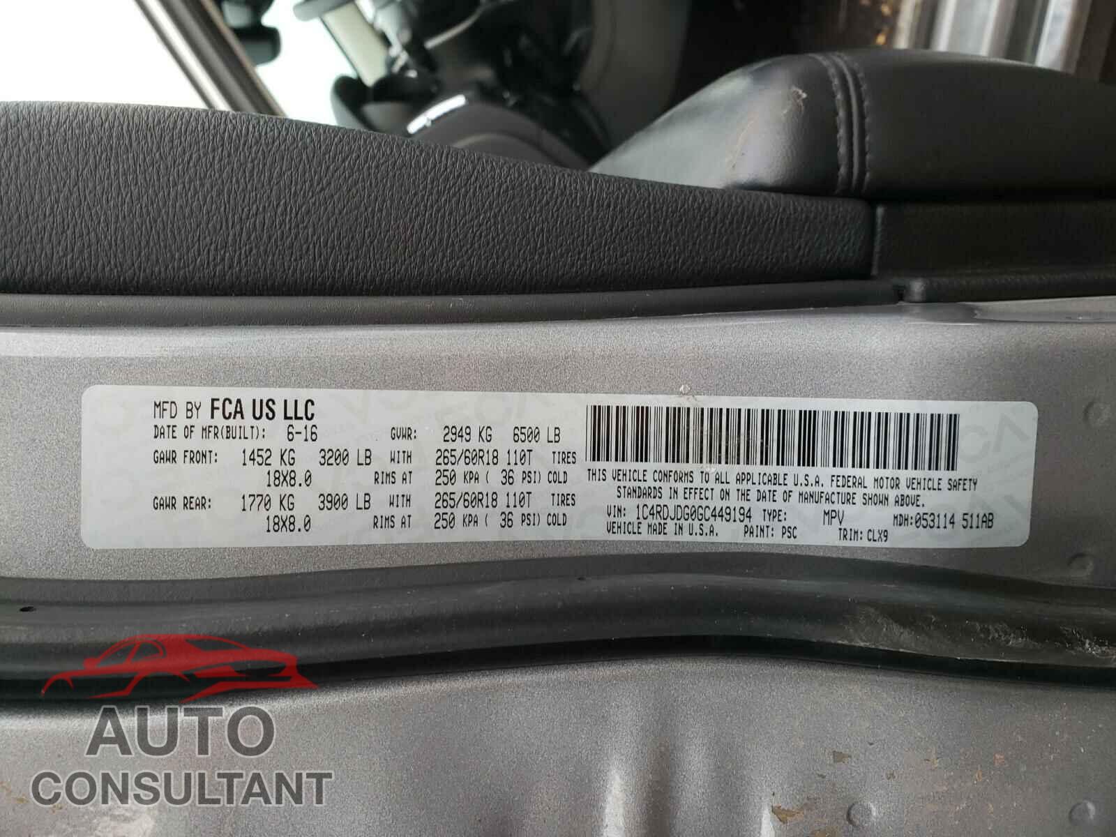 DODGE DURANGO 2016 - 1C4RDJDG0GC449194