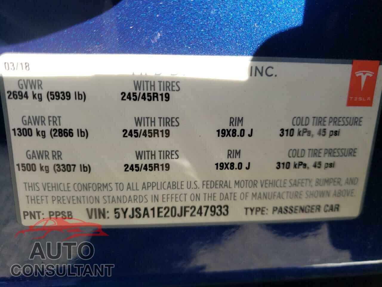 TESLA MODEL S 2018 - 5YJSA1E20JF247933