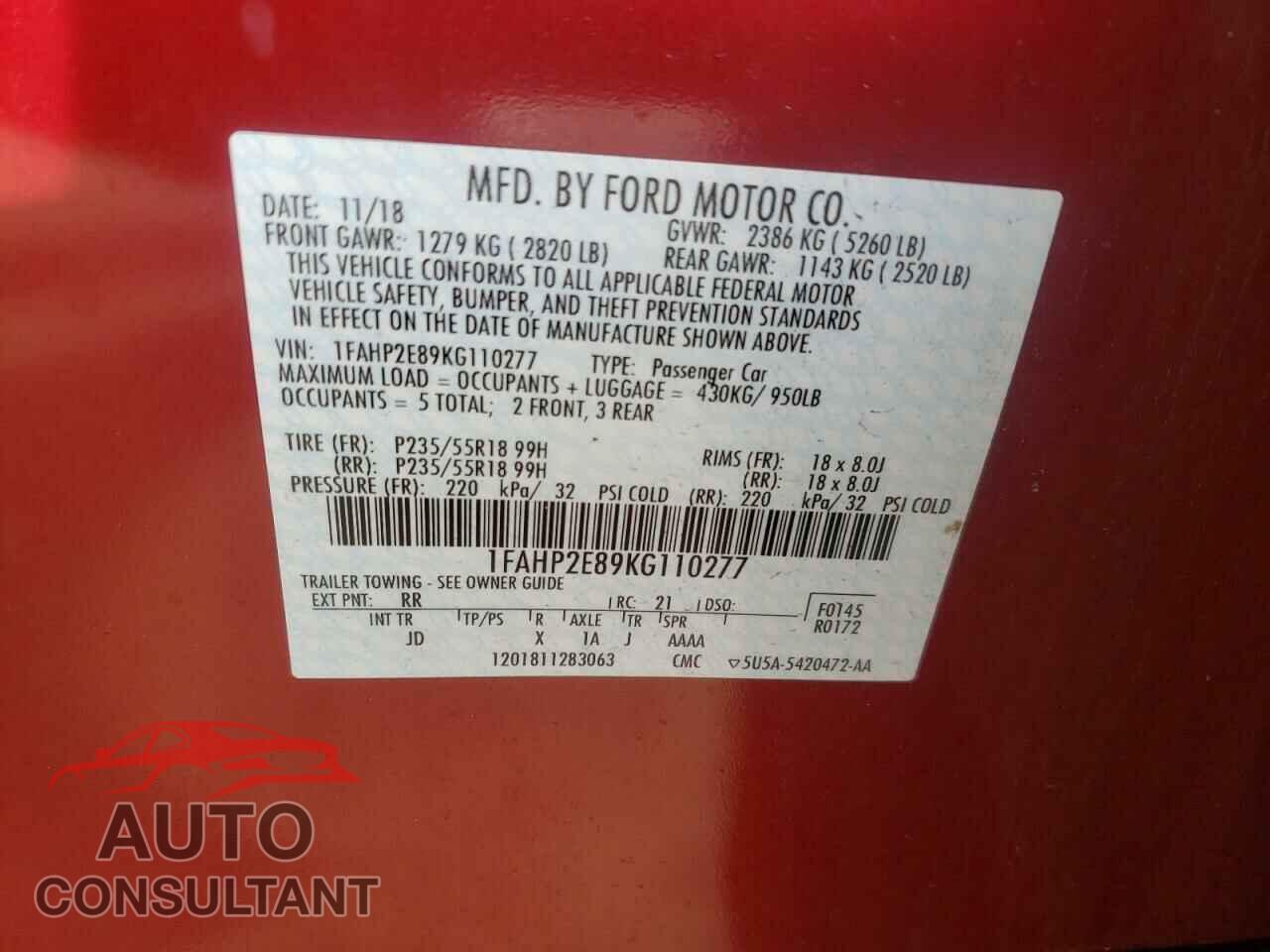 FORD TAURUS 2019 - 1FAHP2E89KG110277