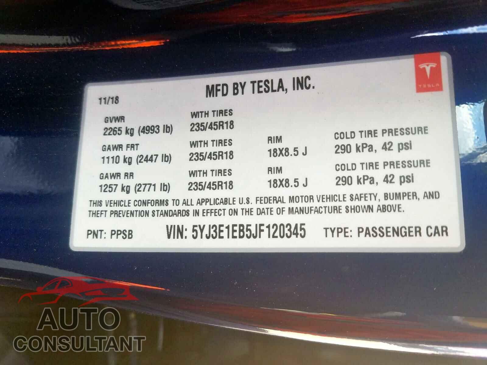 TESLA MODEL 3 2018 - 5YJ3E1EB5JF120345