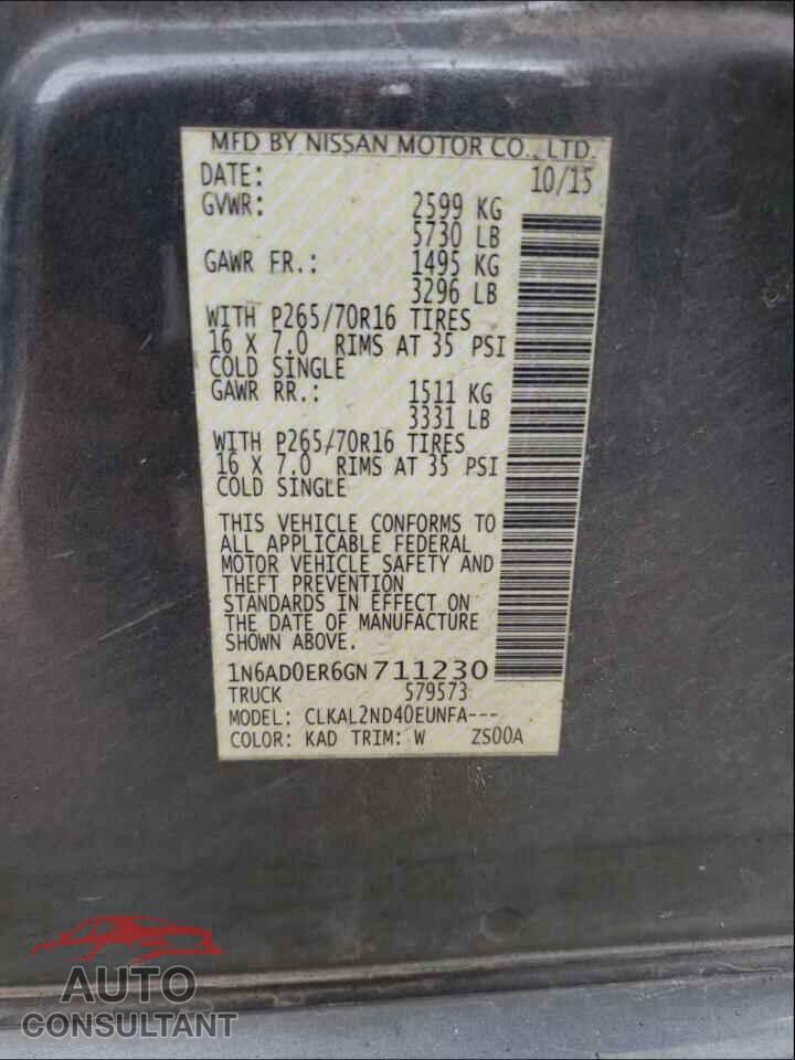 NISSAN FRONTIER 2016 - 1N6AD0ER6GN711230
