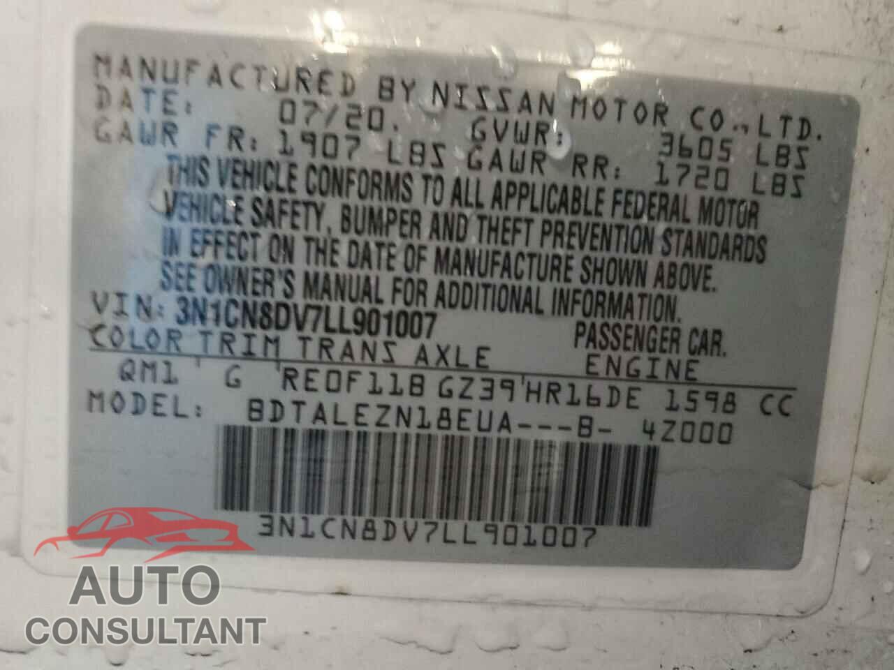 NISSAN VERSA 2020 - 3N1CN8DV7LL901007