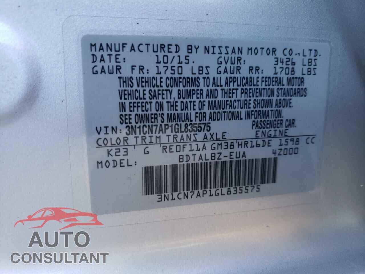 NISSAN VERSA 2016 - 3N1CN7AP1GL835575