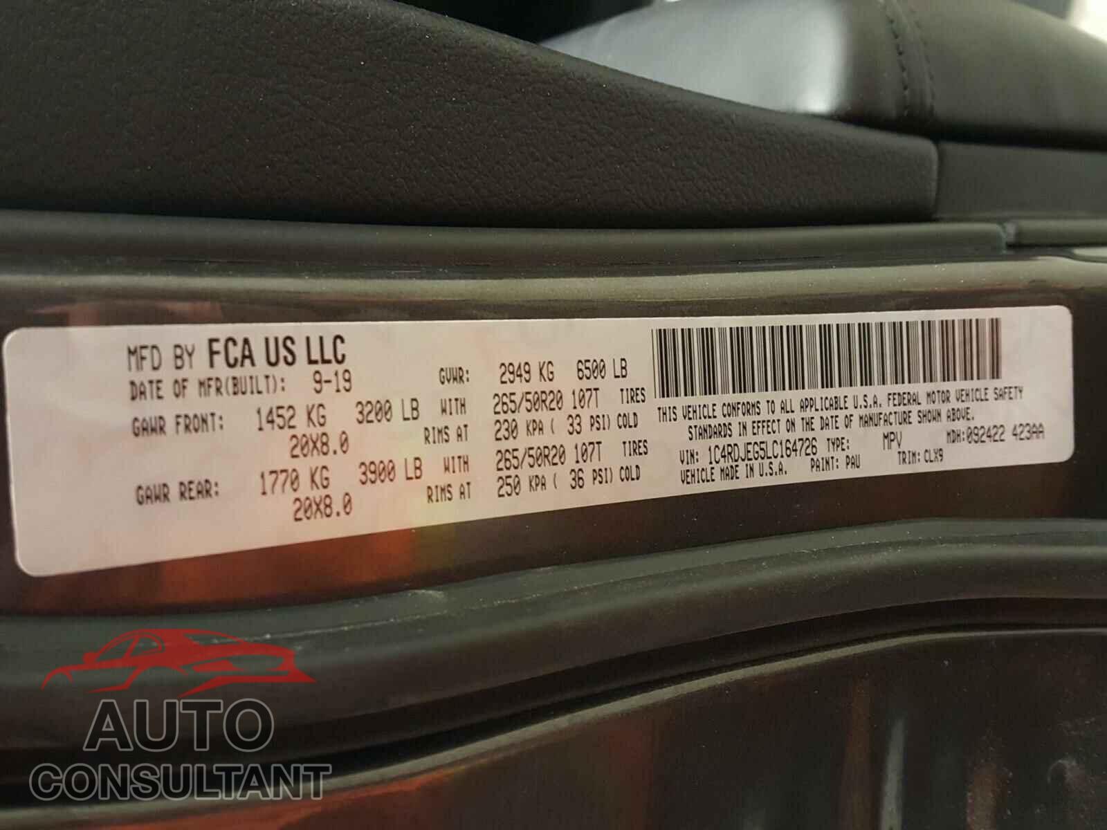 DODGE DURANGO 2020 - 1C4RDJEG5LC164726
