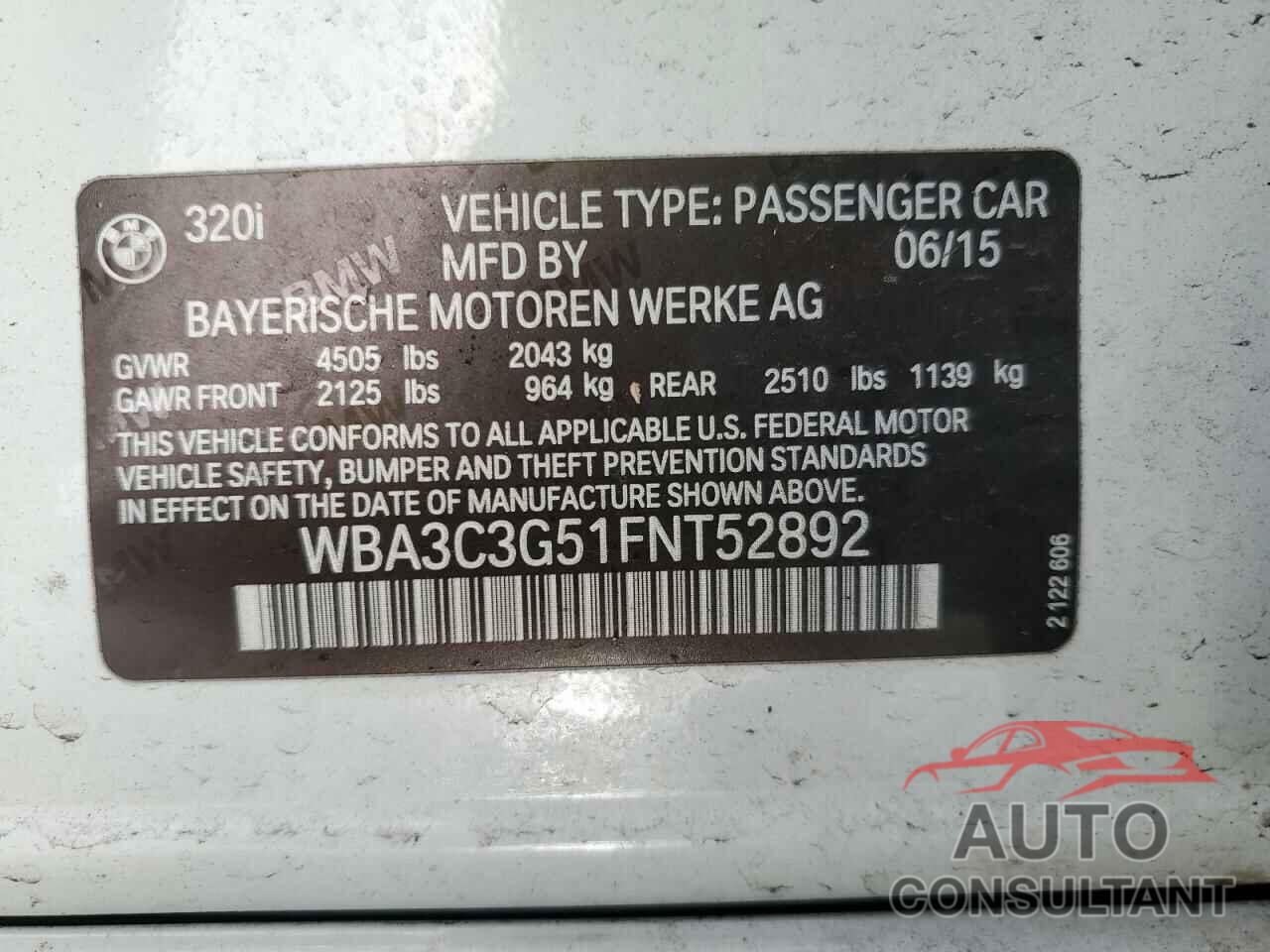 BMW 3 SERIES 2015 - WBA3C3G51FNT52892