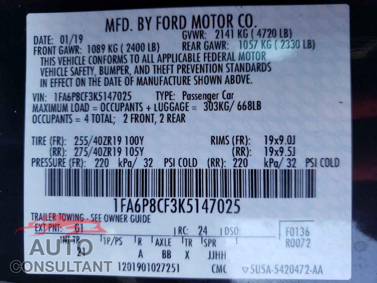 FORD MUSTANG 2019 - 1FA6P8CF3K5147025