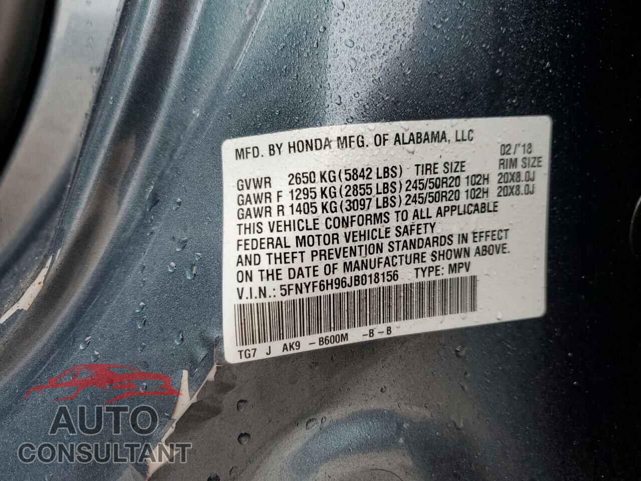 HONDA PILOT 2018 - 5FNYF6H96JB018156