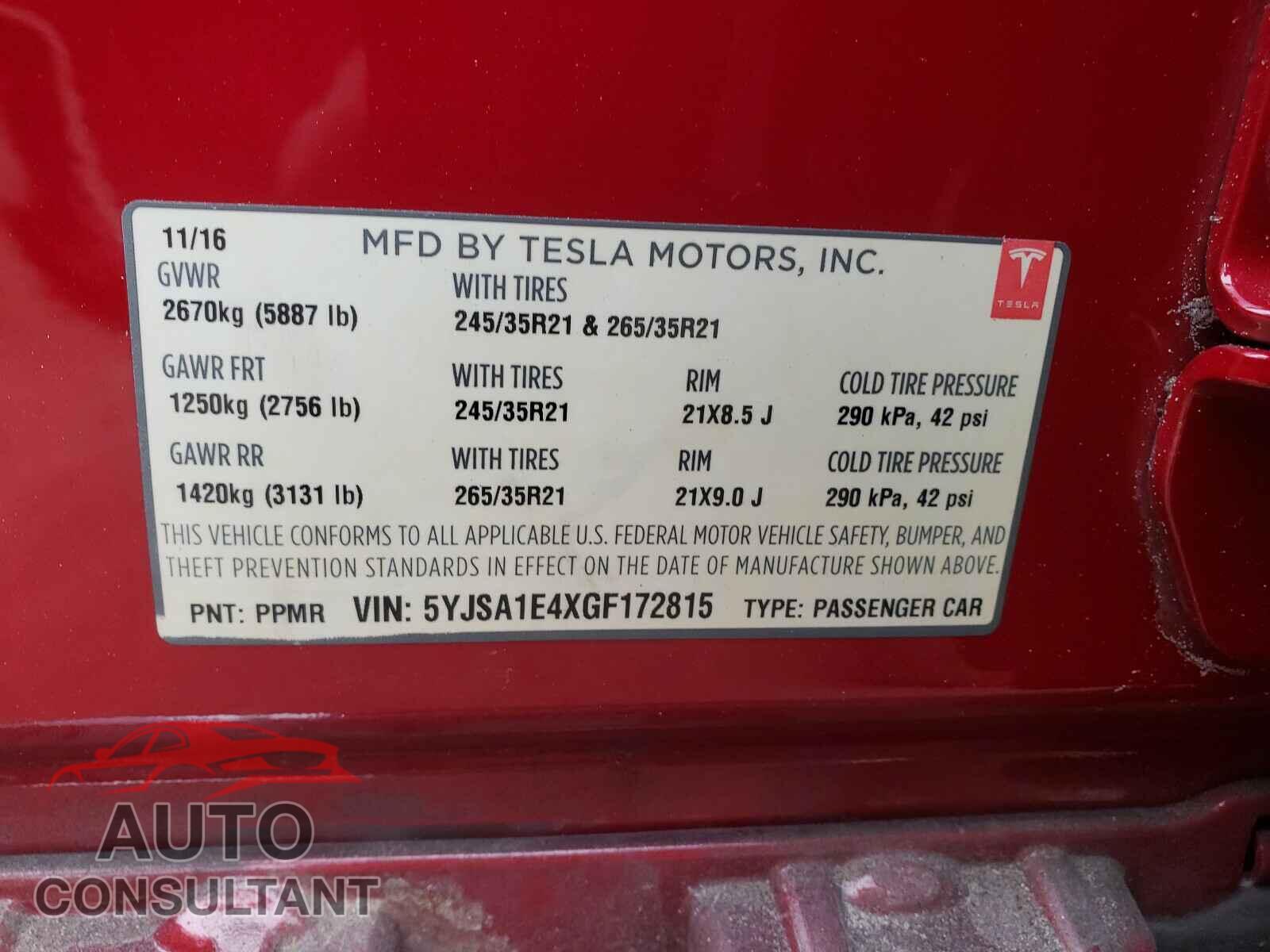TESLA MODEL S 2016 - 5YJSA1E4XGF172815