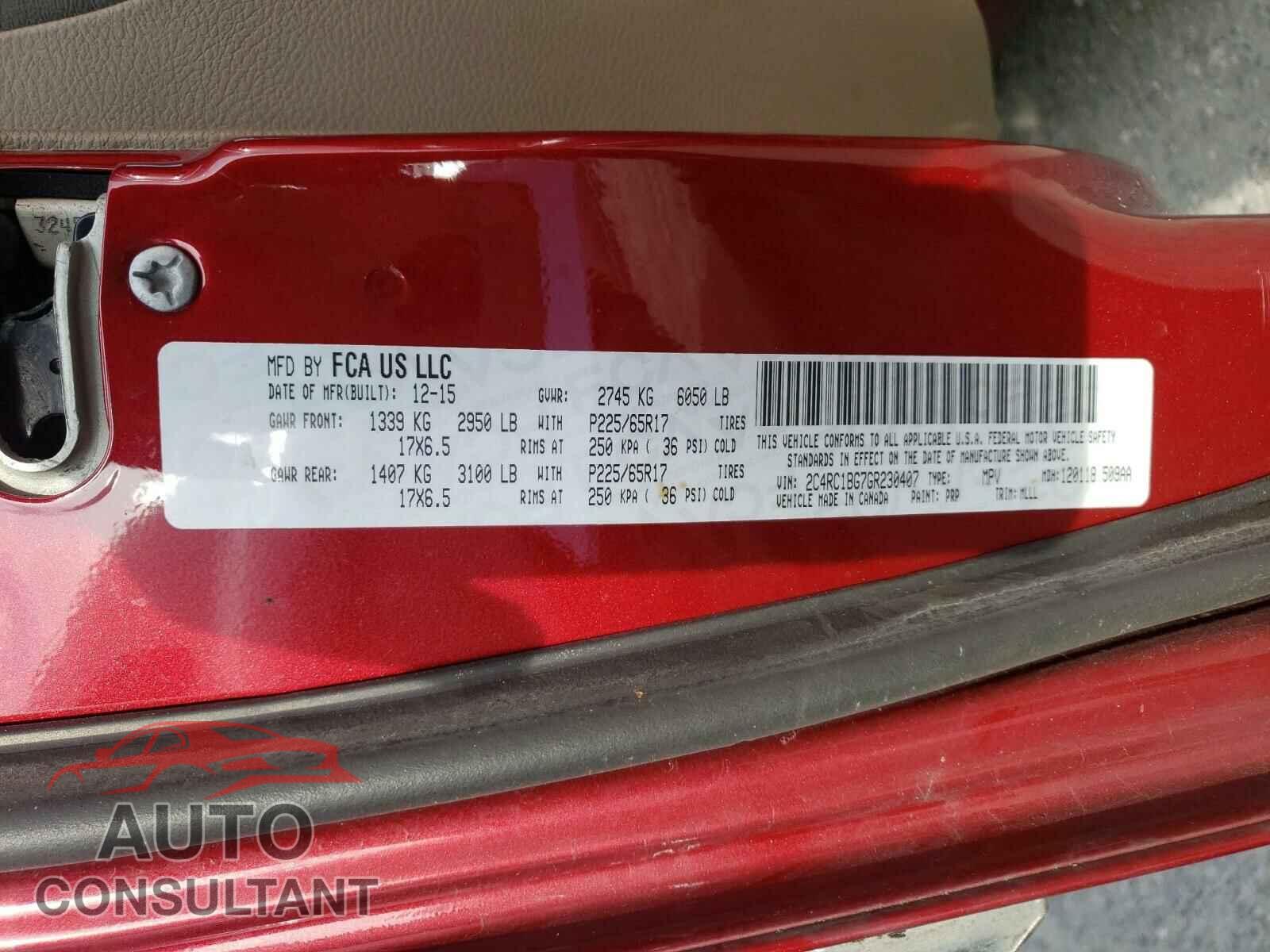 CHRYSLER MINIVAN 2016 - 2C4RC1BG7GR230407