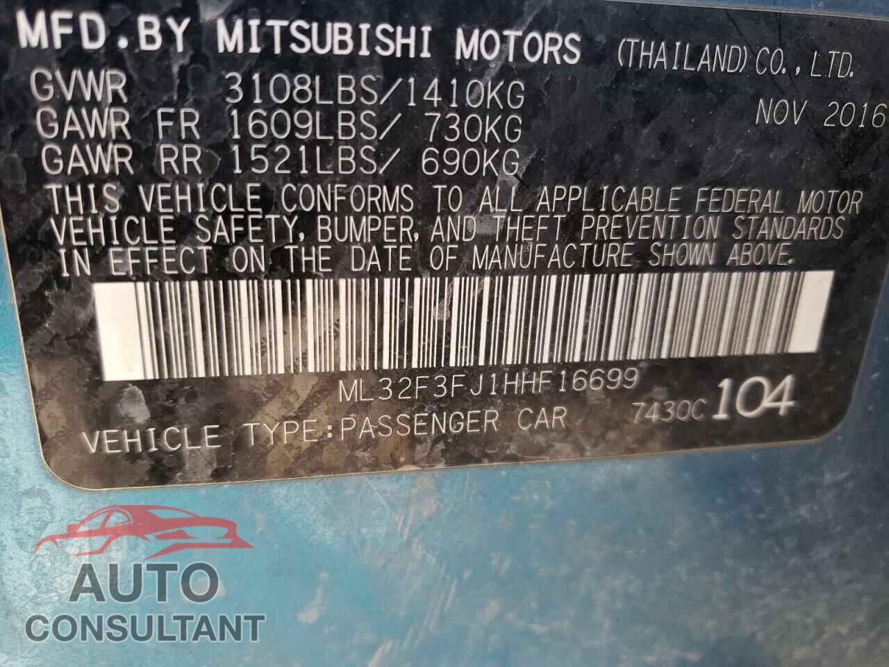 MITSUBISHI MIRAGE 2017 - ML32F3FJ1HHF16699