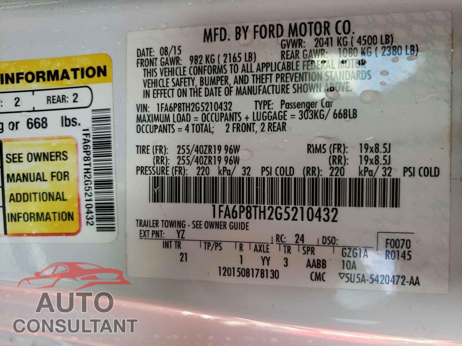 FORD MUSTANG 2016 - 1FA6P8TH2G5210432