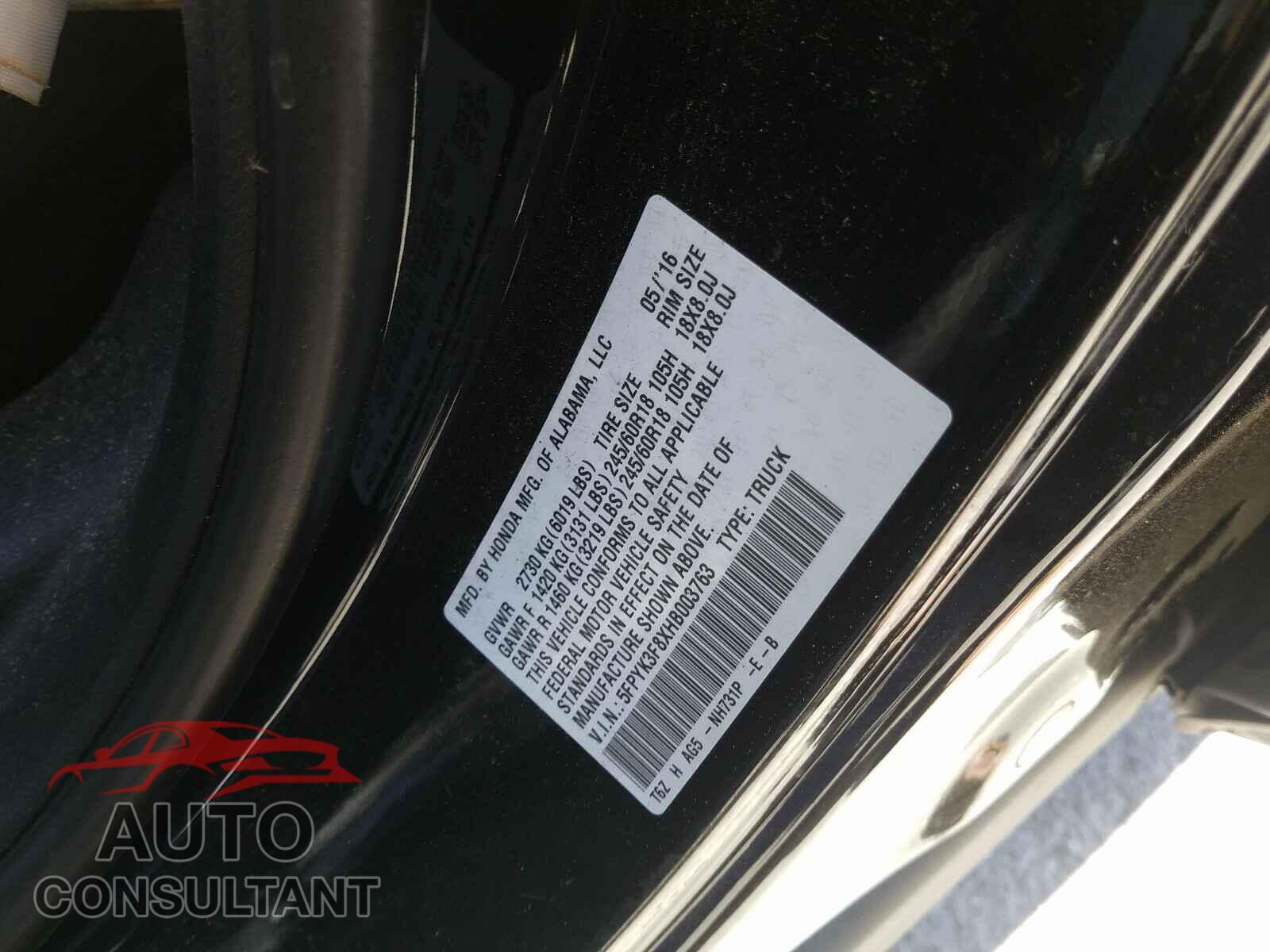HONDA RIDGELINE 2017 - 5FPYK3F8XHB003763