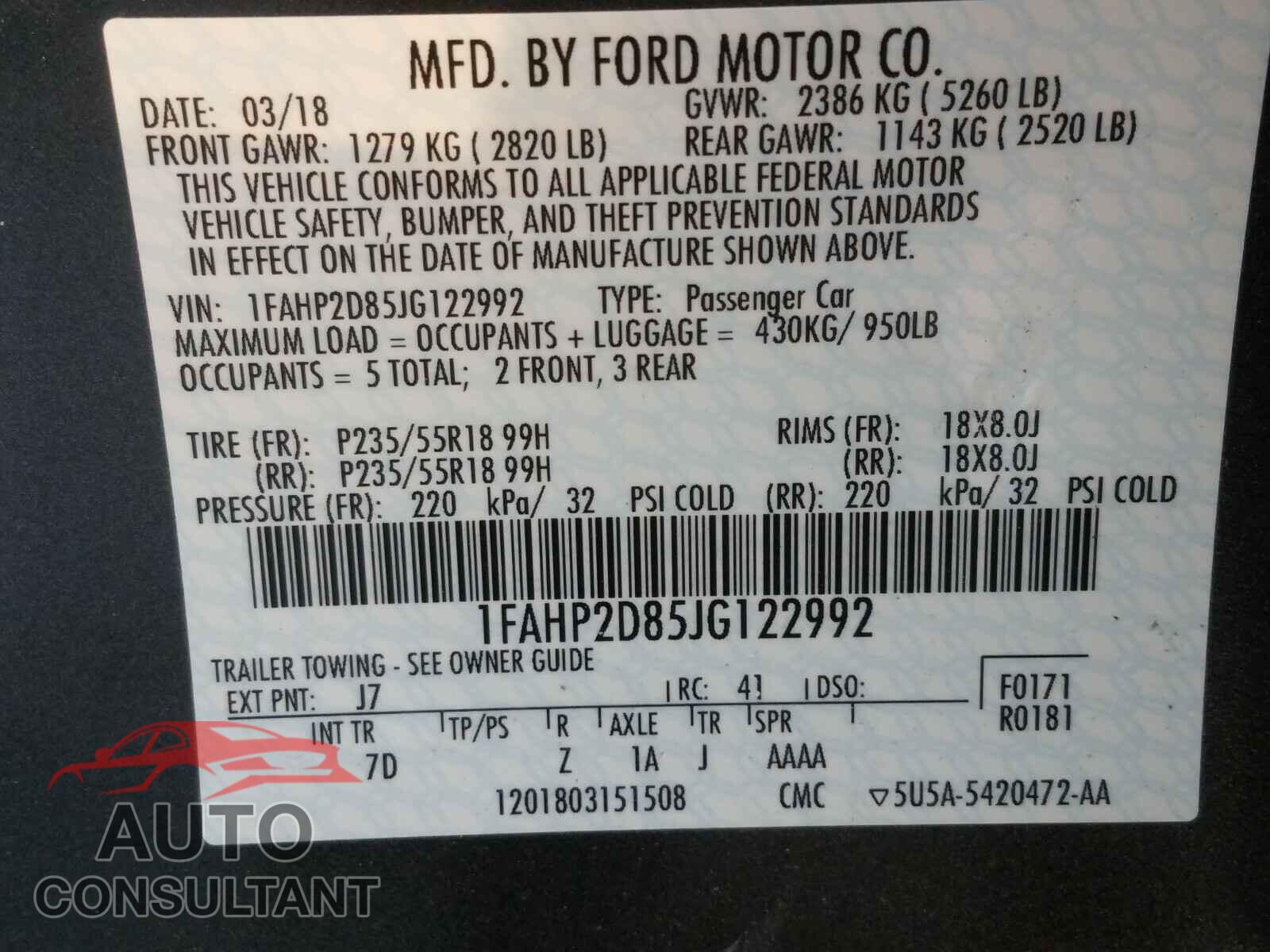 FORD TAURUS 2018 - 1FAHP2D85JG122992