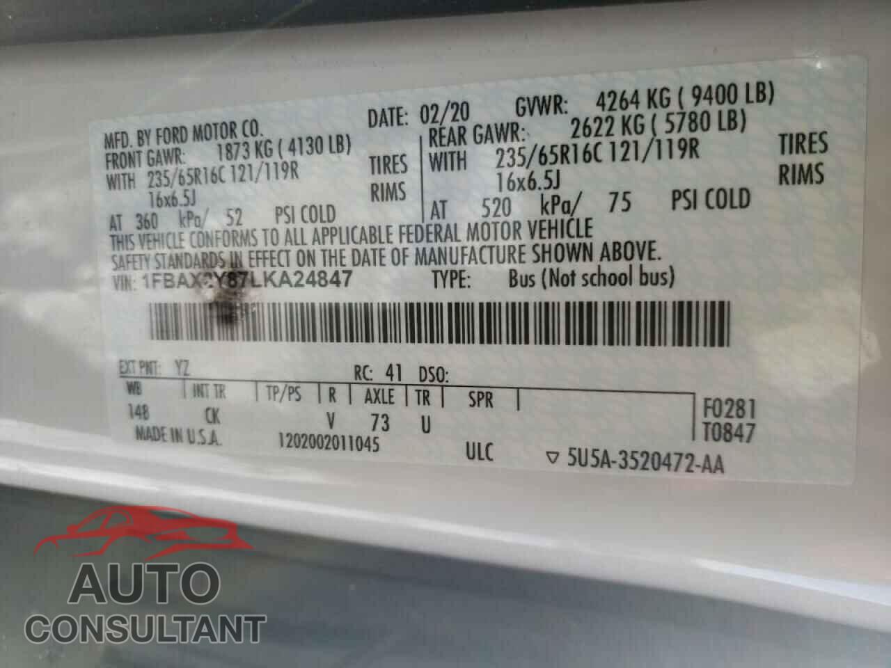 FORD TRANSIT CO 2020 - 1FBAX2Y87LKA24847