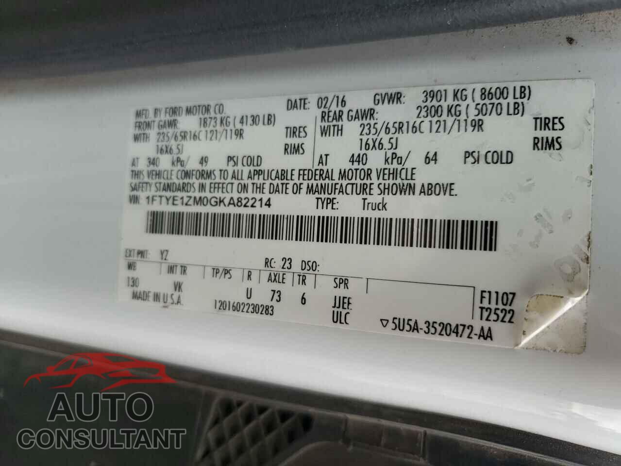 FORD TRANSIT 2016 - 1FTYE1ZM0GKA82214
