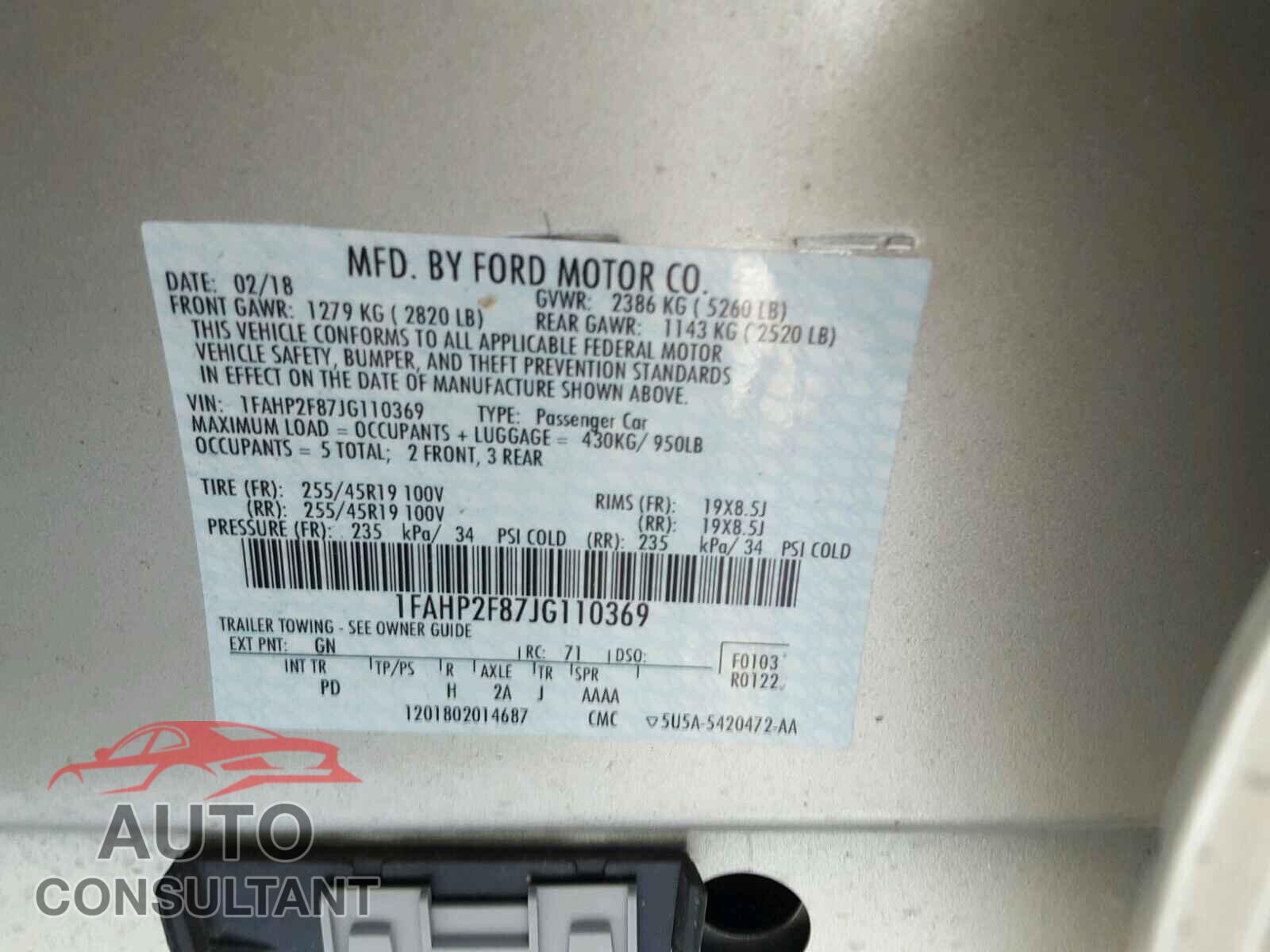 FORD TAURUS 2018 - 1FAHP2F87JG110369