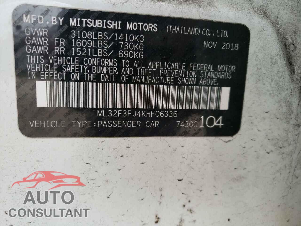 MITSUBISHI MIRAGE 2019 - ML32F3FJ4KHF06336