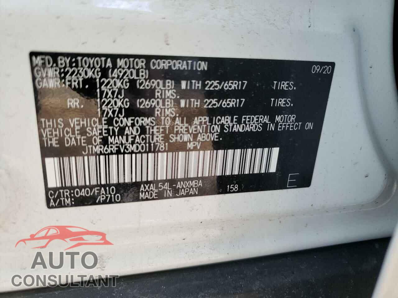 TOYOTA RAV4 2021 - JTMR6RFV3MD011781