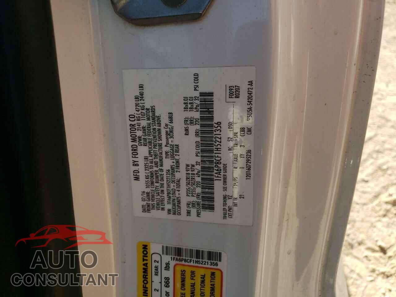 FORD MUSTANG 2017 - 1FA6P8CF1H5221356