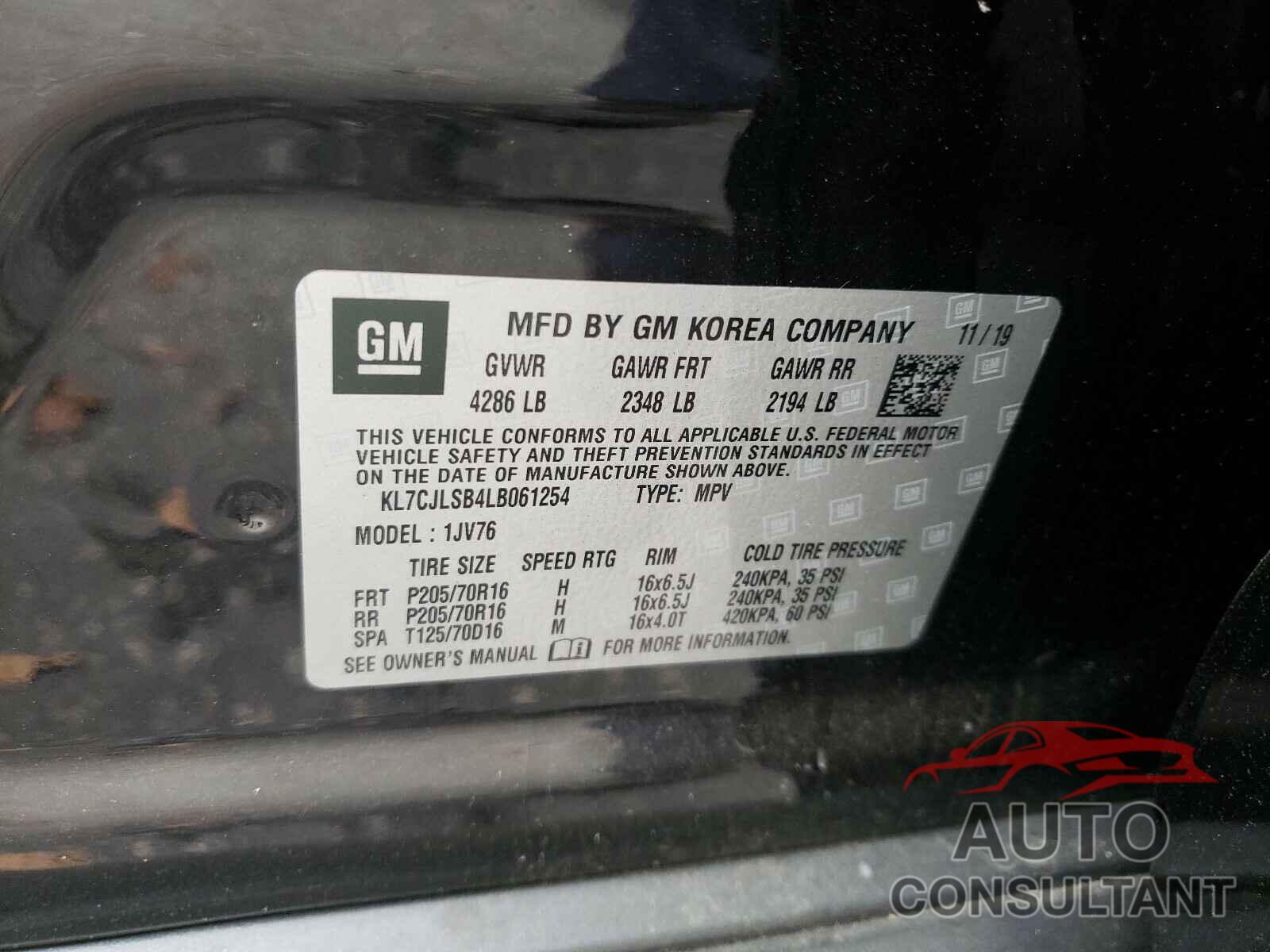 CHEVROLET TRAX 2020 - KL7CJLSB4LB061254