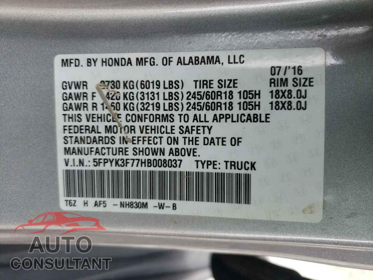 HONDA RIDGELINE 2017 - 5FPYK3F77HB008037