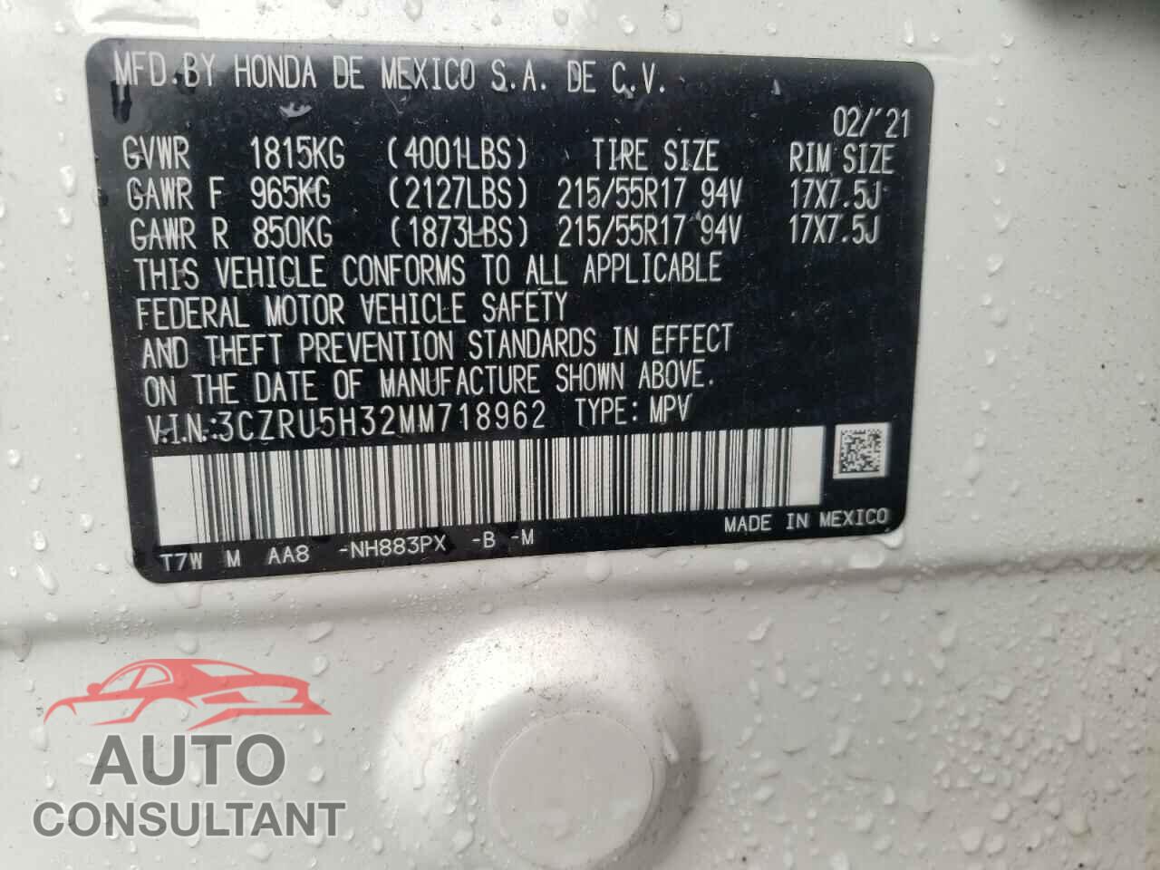 HONDA HR-V 2021 - 3CZRU5H32MM718962