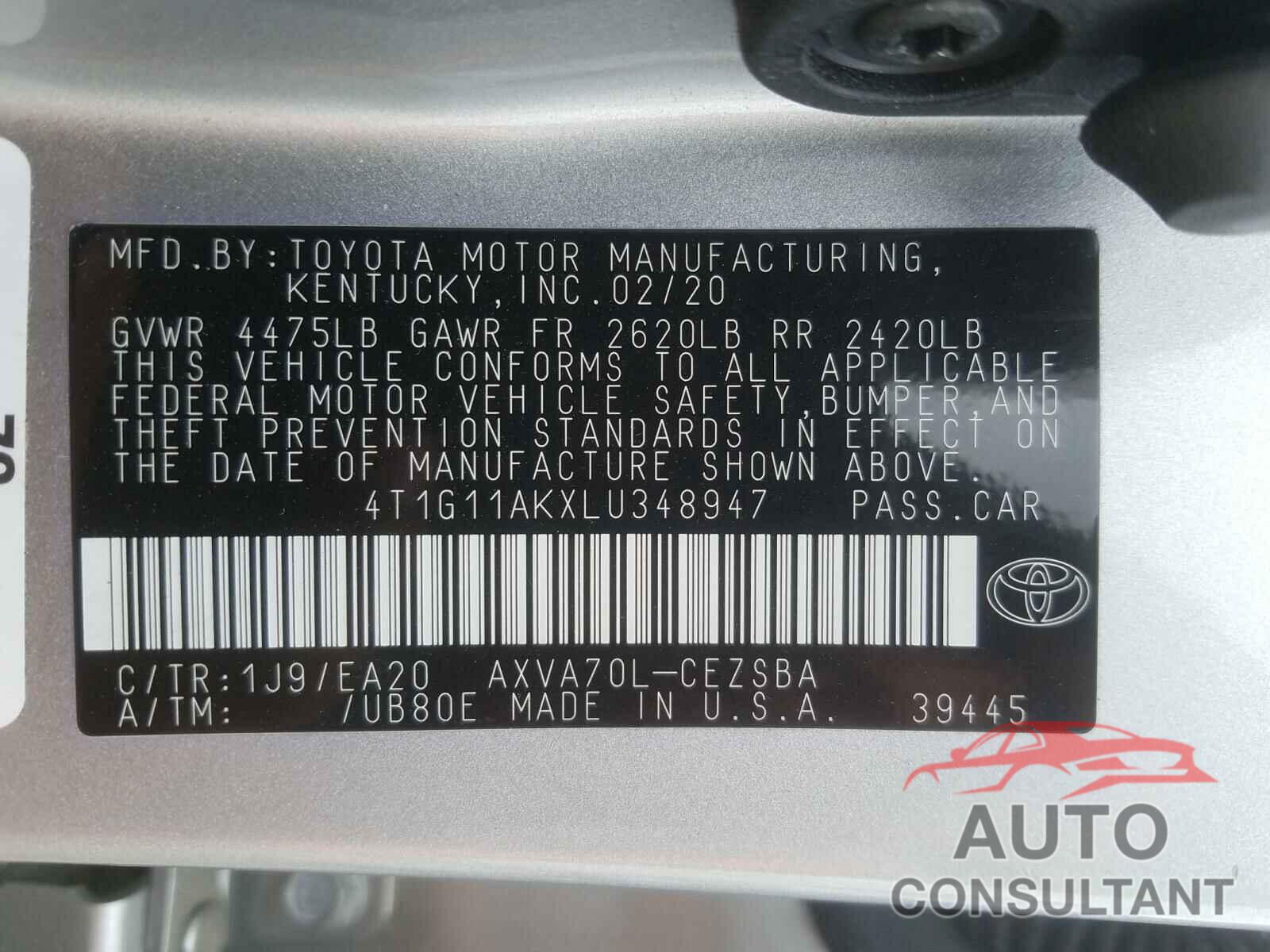 TOYOTA CAMRY 2020 - 4T1G11AKXLU348947