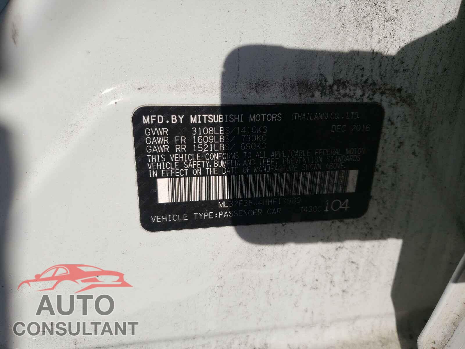MITSUBISHI MIRAGE 2017 - ML32F3FJ4HHF17989
