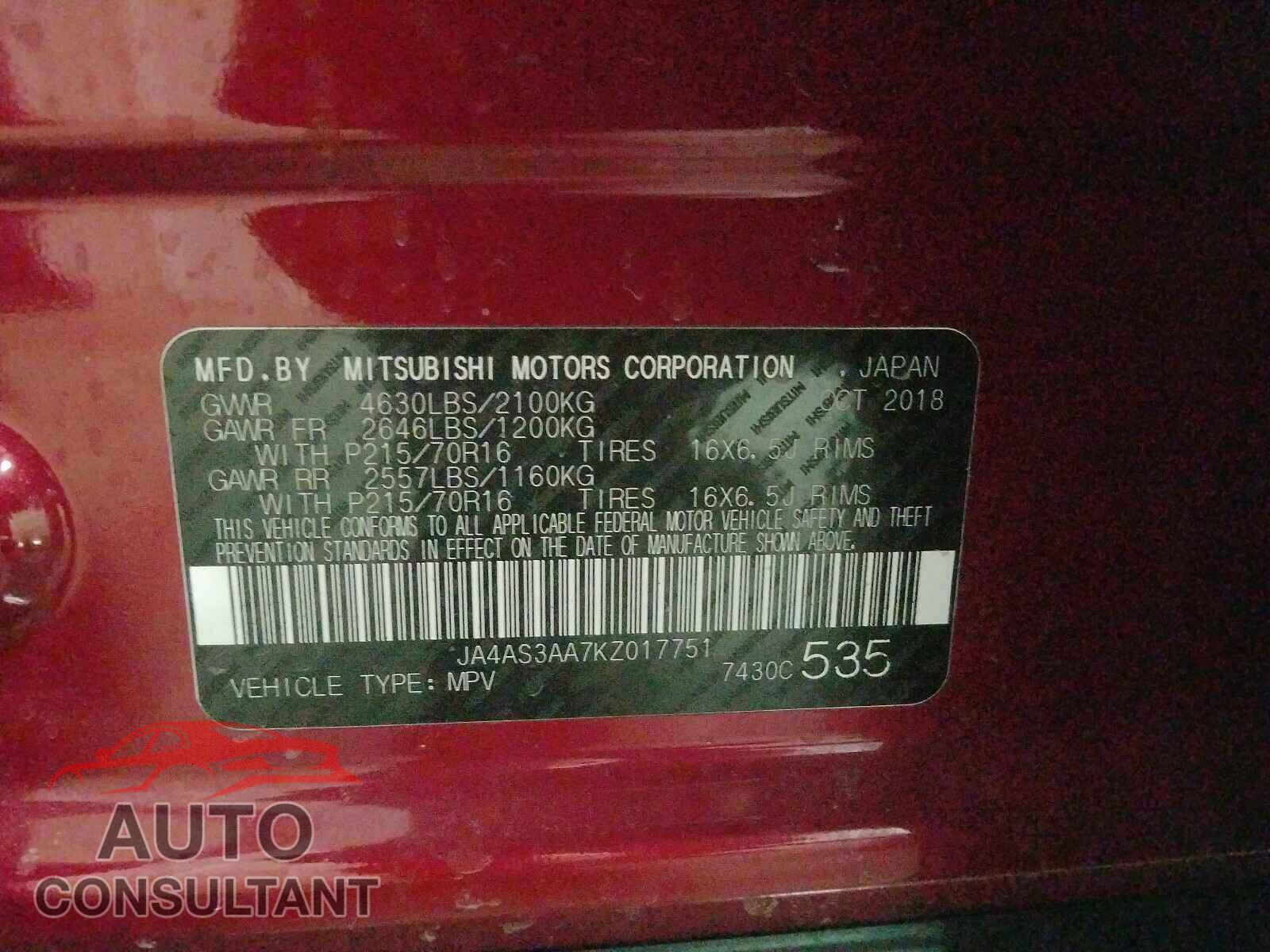 MITSUBISHI ECLIPSE 2019 - JA4AS3AA7KZ017751