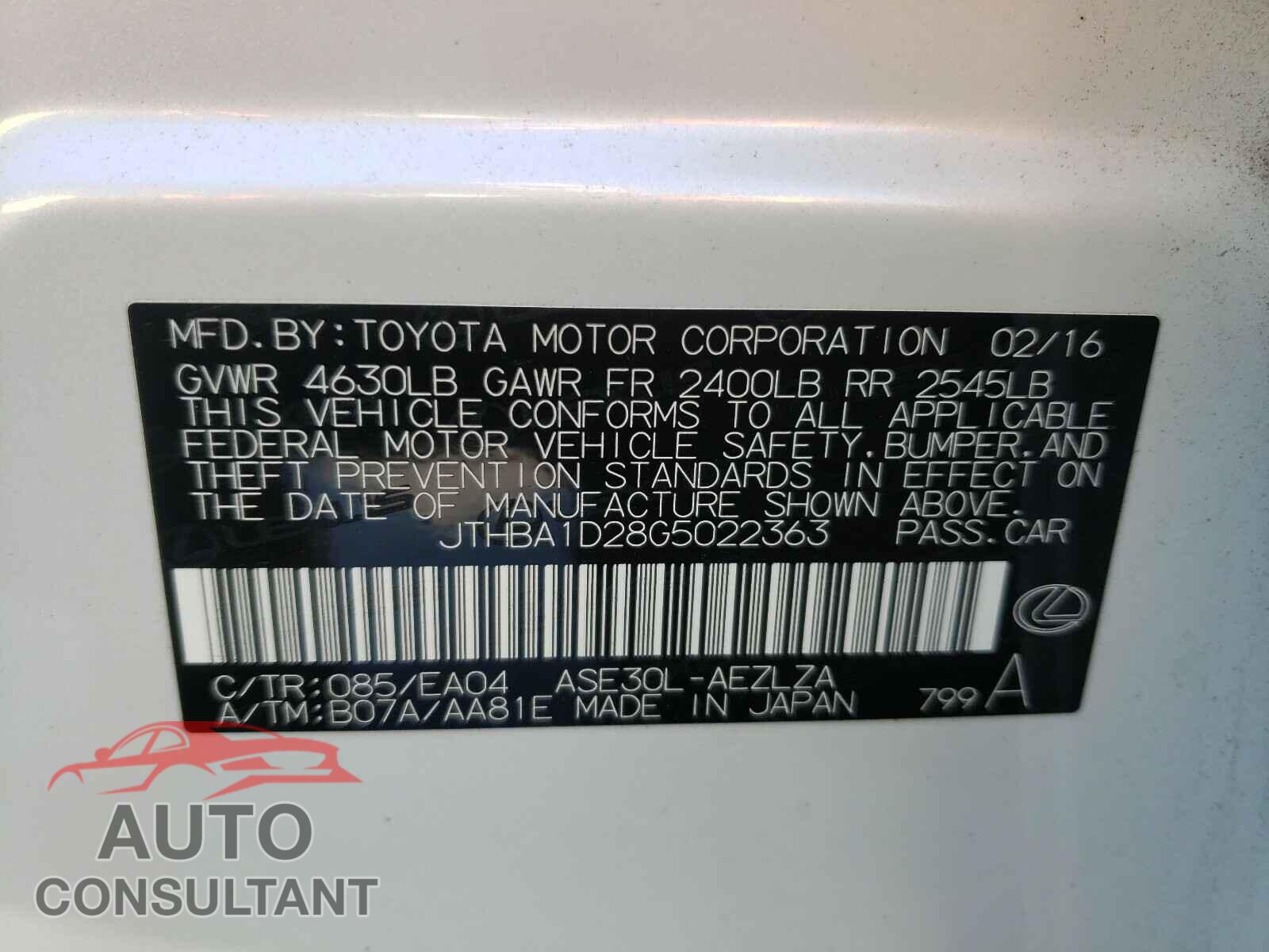LEXUS IS 2016 - JTHBA1D28G5022363