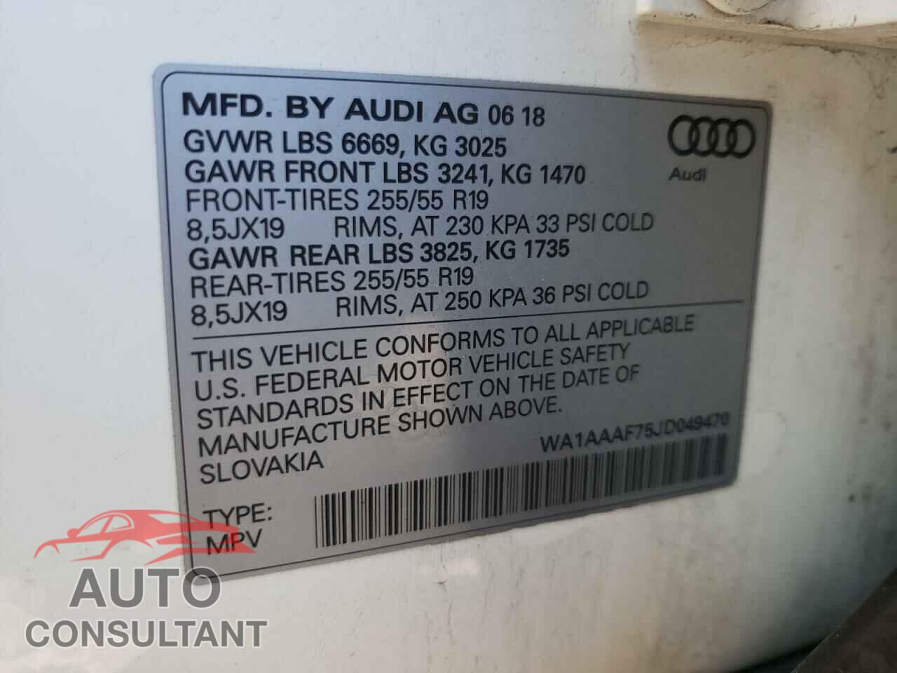 AUDI Q7 2018 - WA1AAAF75JD049470